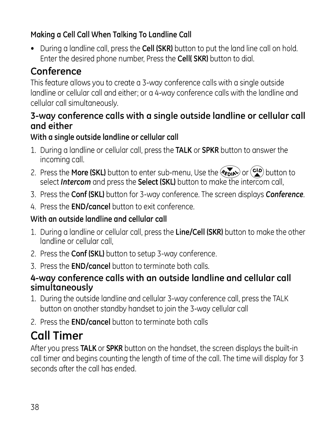 GE 28127 Series manual Call Timer, Conference, Making a Cell Call When Talking To Landline Call 