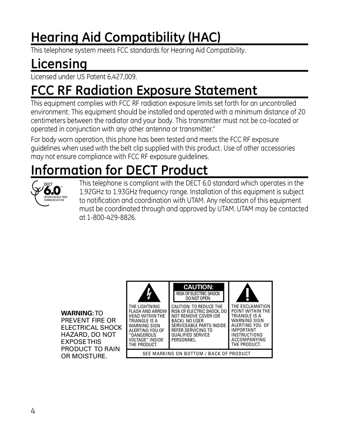 GE 28127 Series manual Hearing Aid Compatibility HAC, Licensing, FCC RF Radiation Exposure Statement 