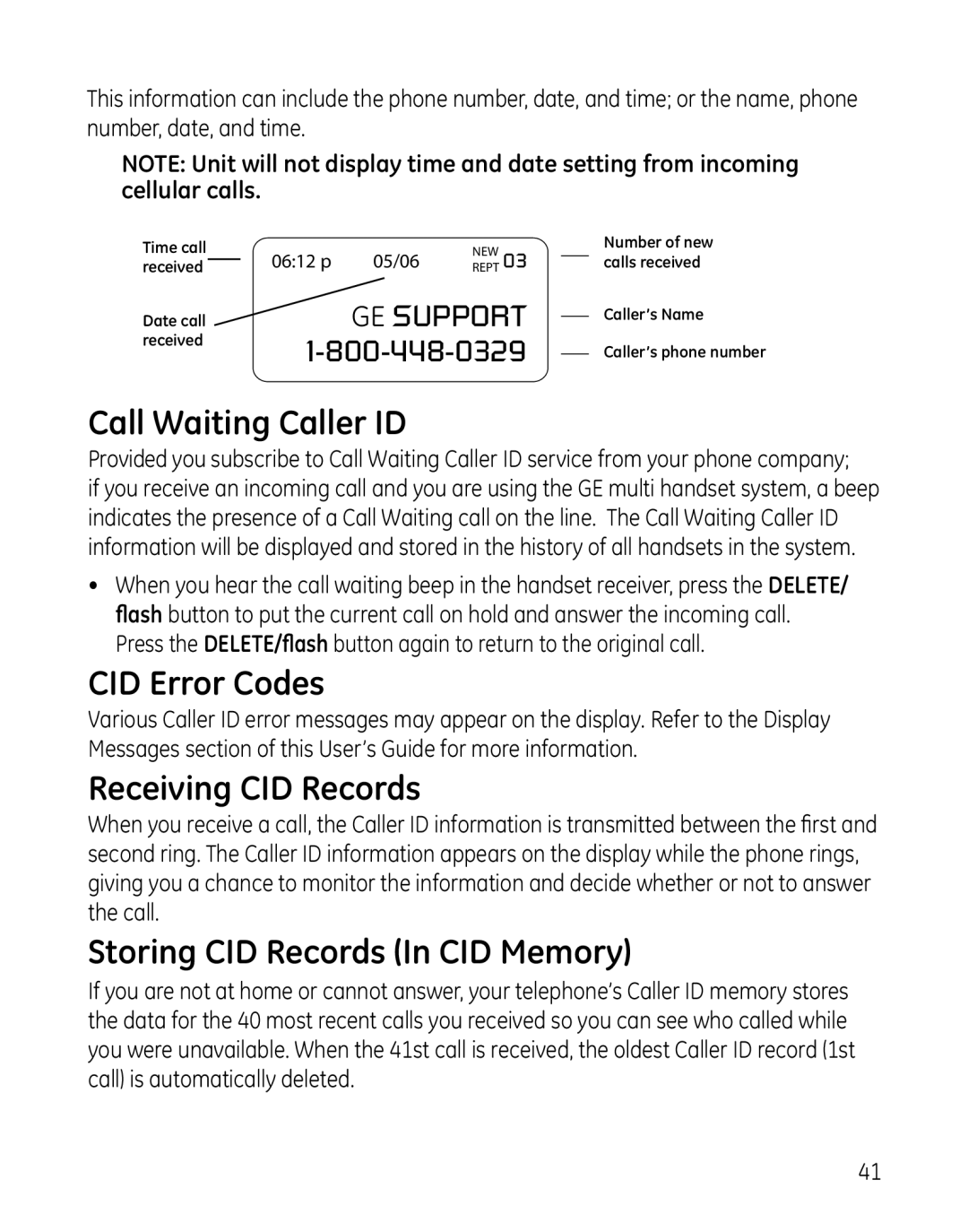 GE 28127 Series manual Call Waiting Caller ID, CID Error Codes, Receiving CID Records, Storing CID Records In CID Memory 