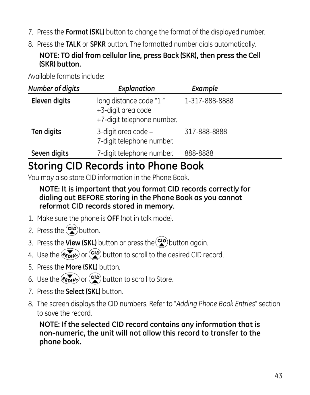 GE 28127 Series manual Storing CID Records into Phone Book, Eleven digits, Ten digits, Seven digits 