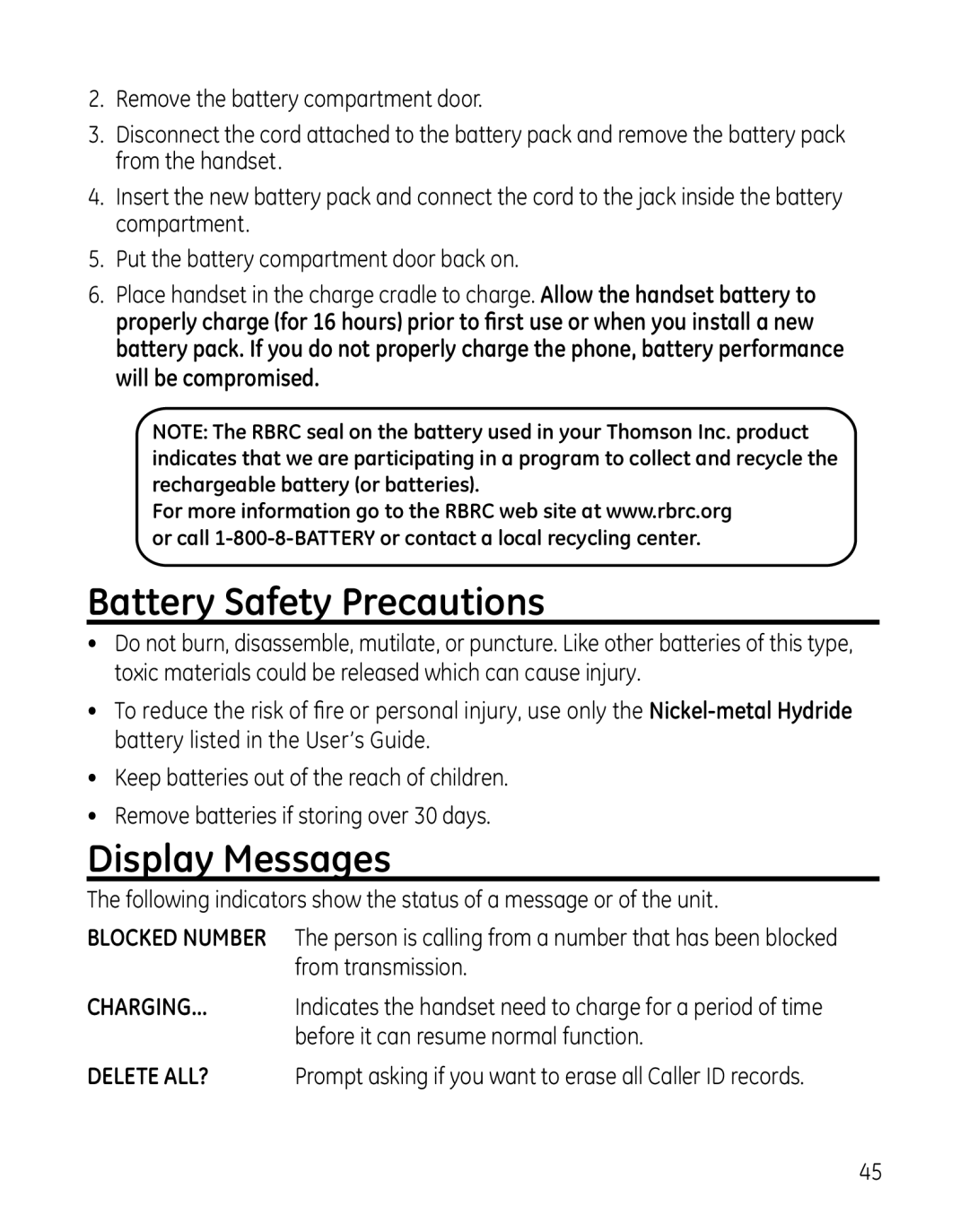 GE 28127 Series manual Battery Safety Precautions, Display Messages 