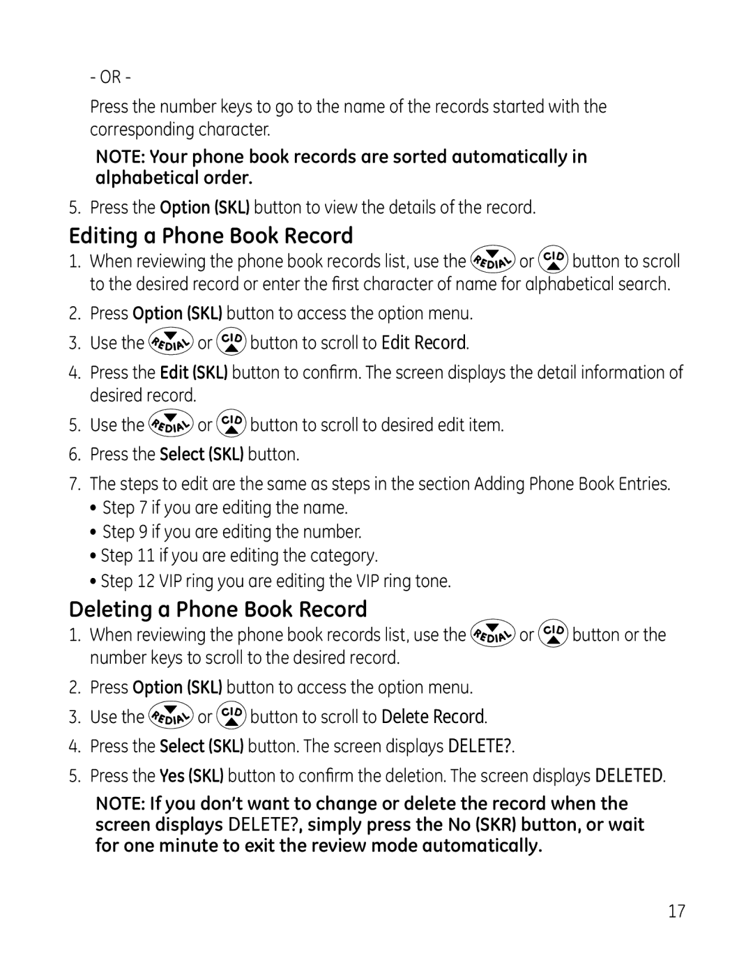 GE 28127 manual Editing a Phone Book Record, Deleting a Phone Book Record 