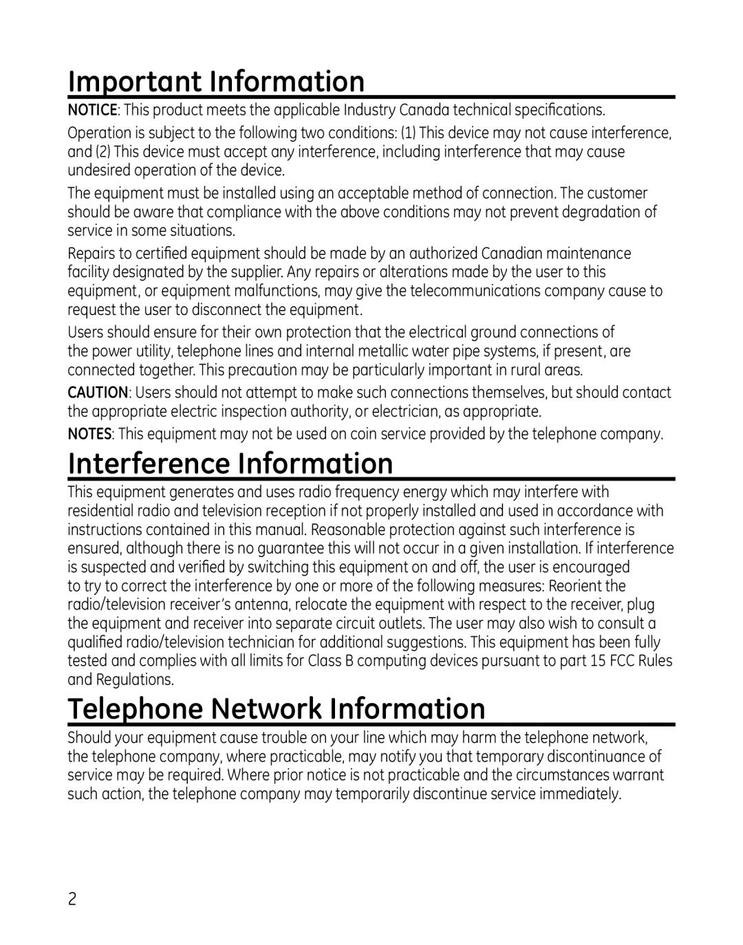 GE 28127 manual Important Information, Interference Information, Telephone Network Information 