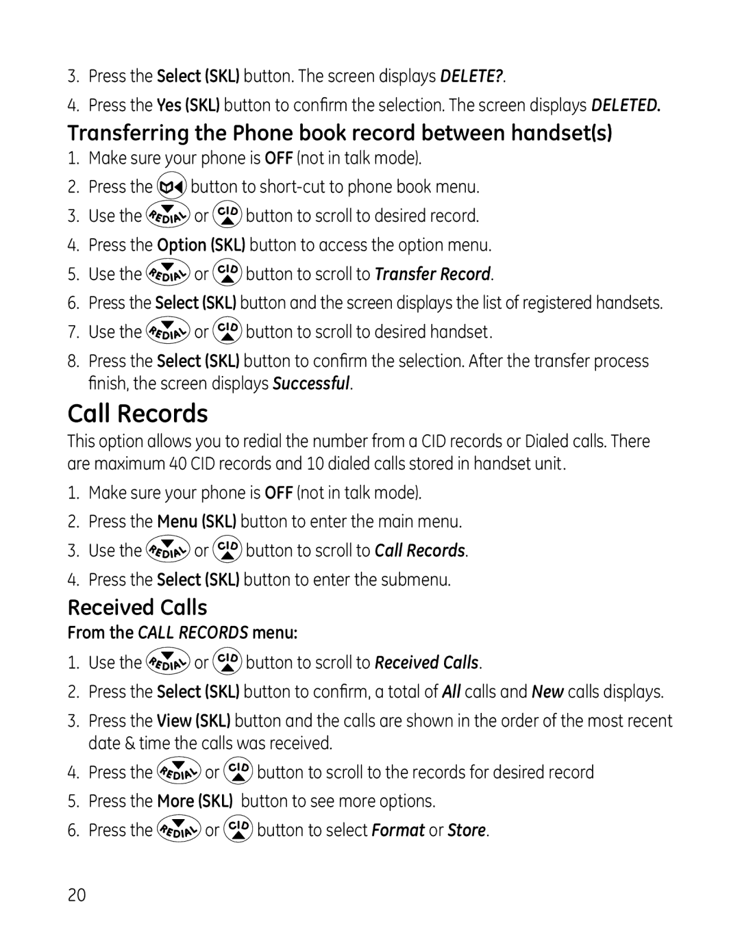 GE 28127 manual Transferring the Phone book record between handsets, Received Calls, From the Call Records menu 