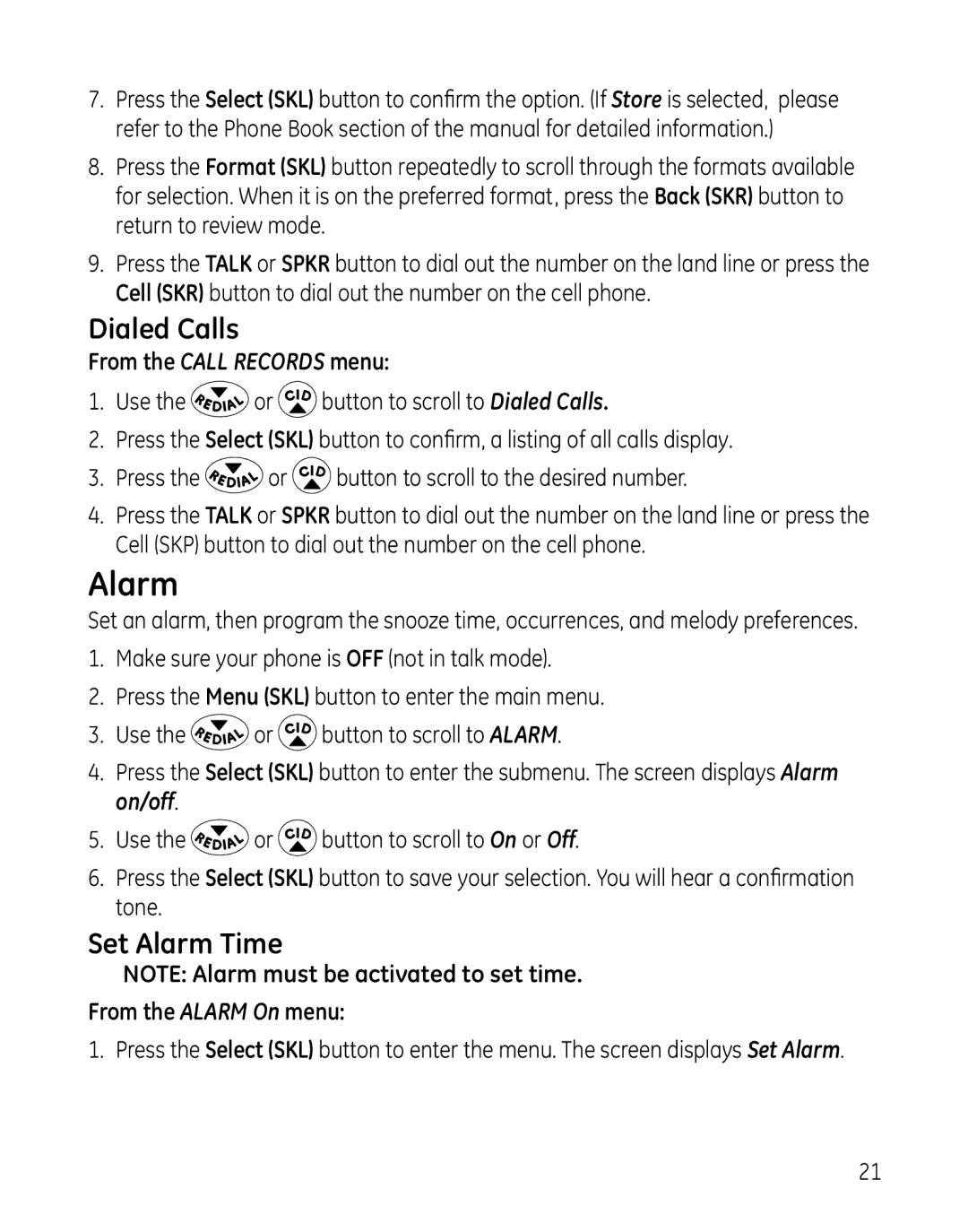 GE 28127 manual Dialed Calls, Set Alarm Time, From the Alarm On menu 