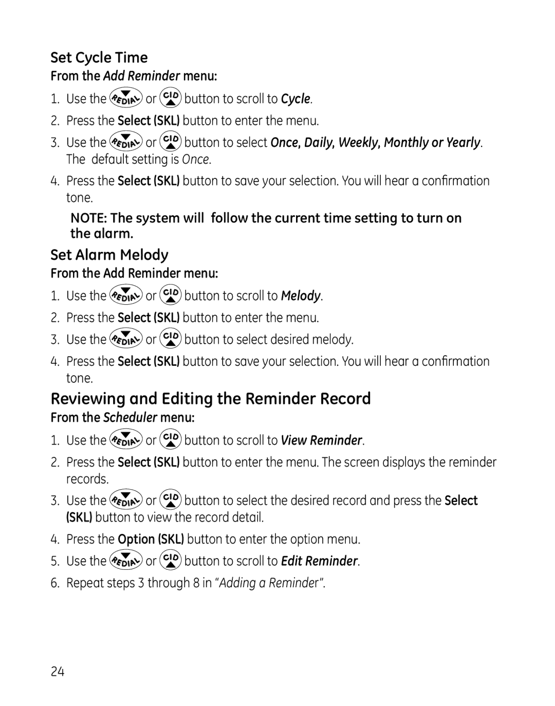 GE 28127 manual Reviewing and Editing the Reminder Record, Set Cycle Time 