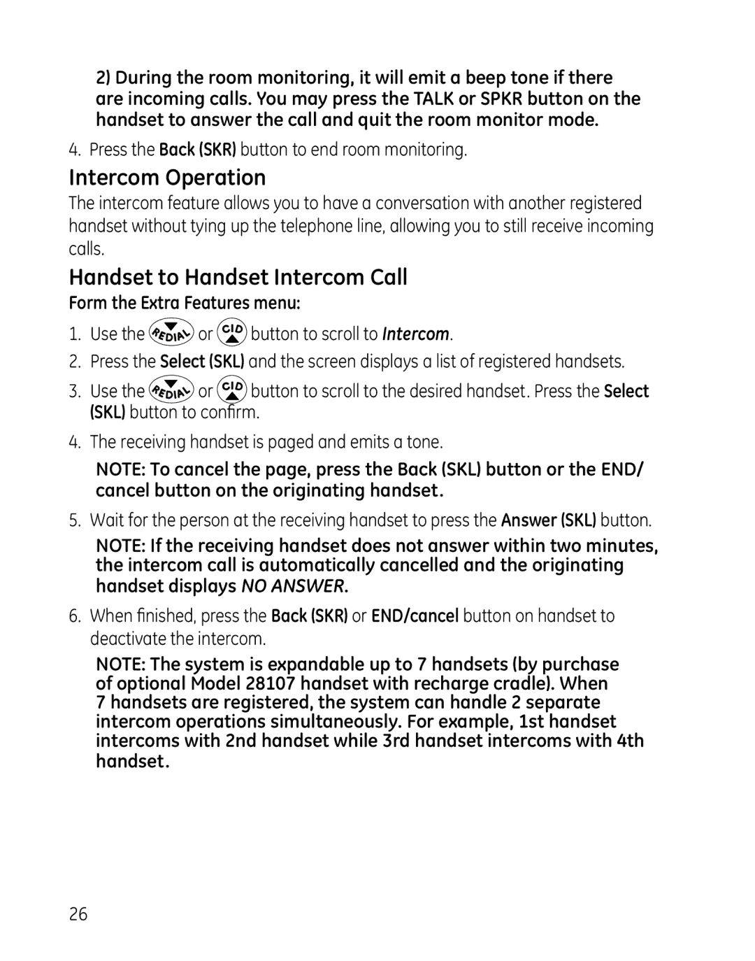 GE 28127 manual Intercom Operation, Handset to Handset Intercom Call, Form the Extra Features menu 