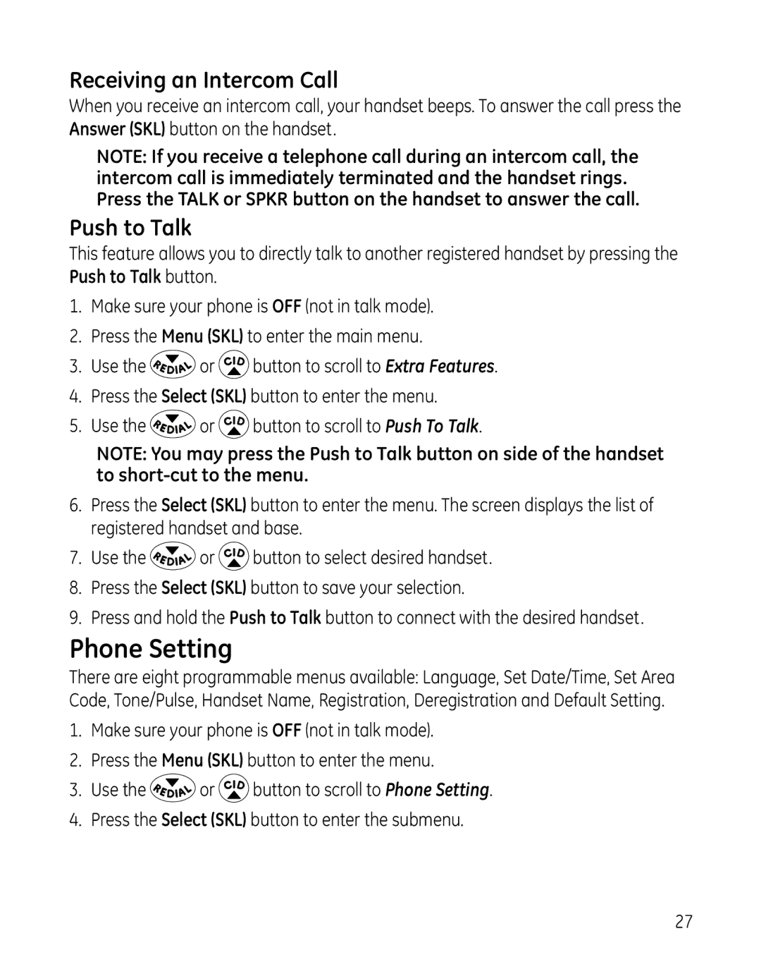 GE 28127 manual Phone Setting, Receiving an Intercom Call, Push to Talk 