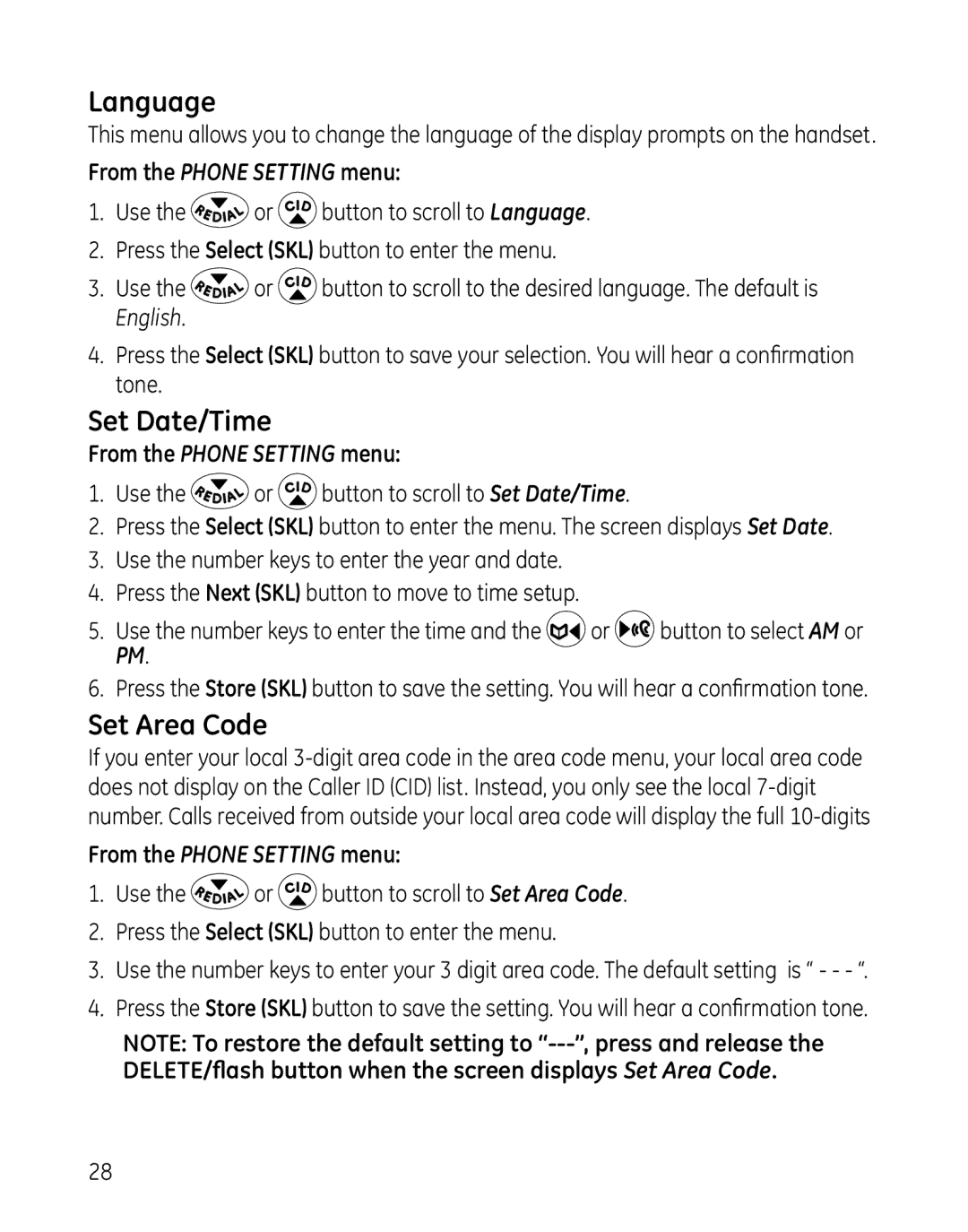 GE 28127 manual Language, Set Date/Time, Set Area Code, From the Phone Setting menu 