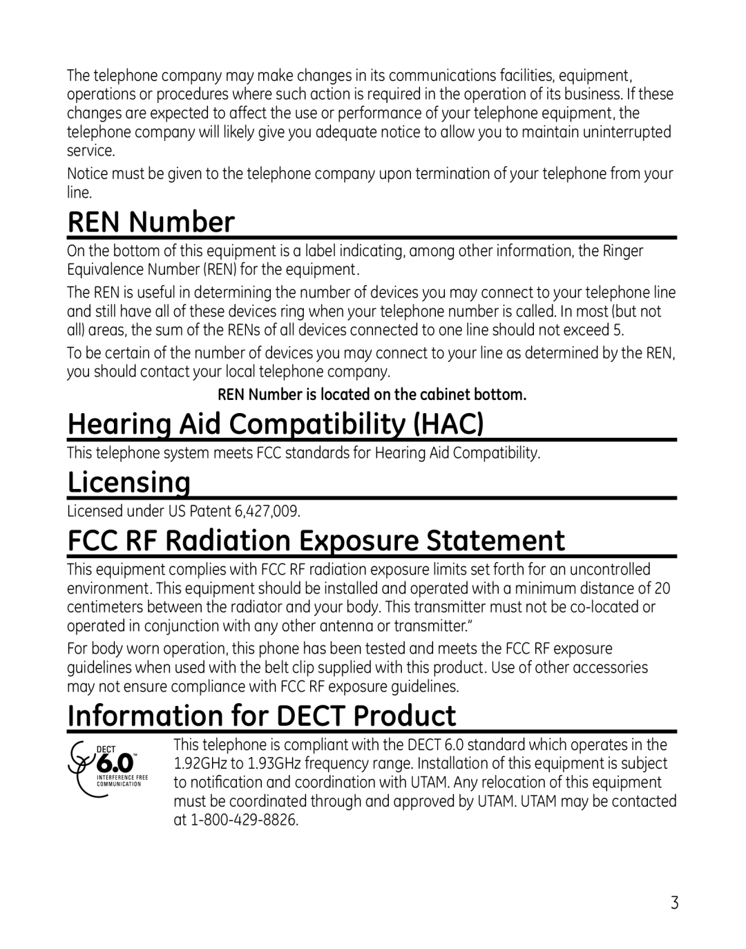 GE 28127 manual REN Number, Hearing Aid Compatibility HAC, Licensing, FCC RF Radiation Exposure Statement 