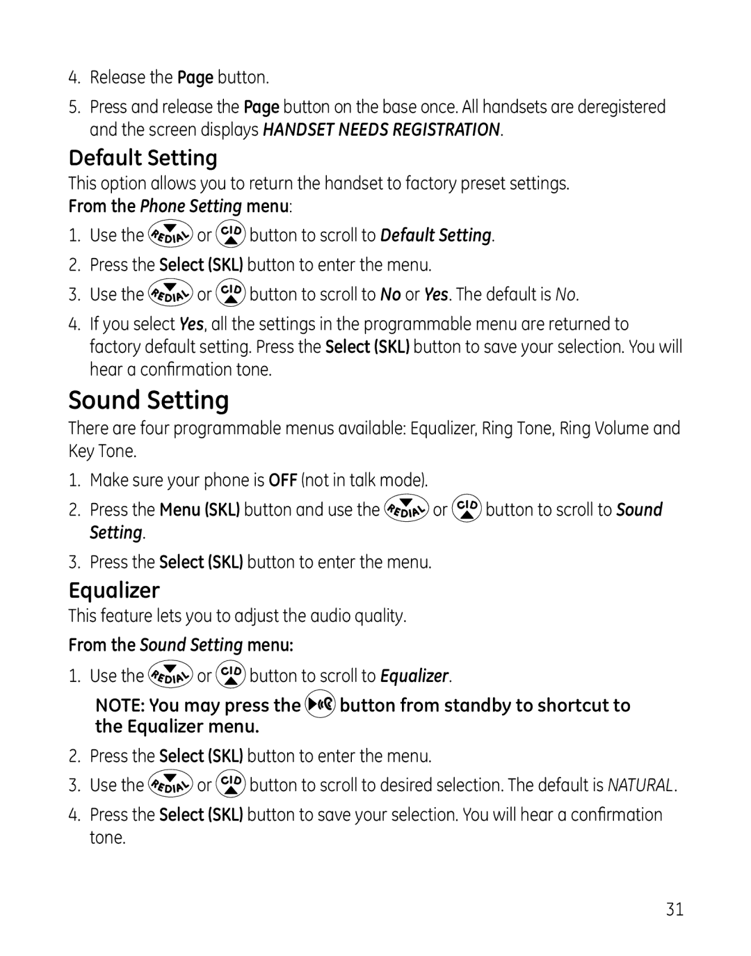 GE 28127 manual Default Setting, Equalizer, From the Sound Setting menu 