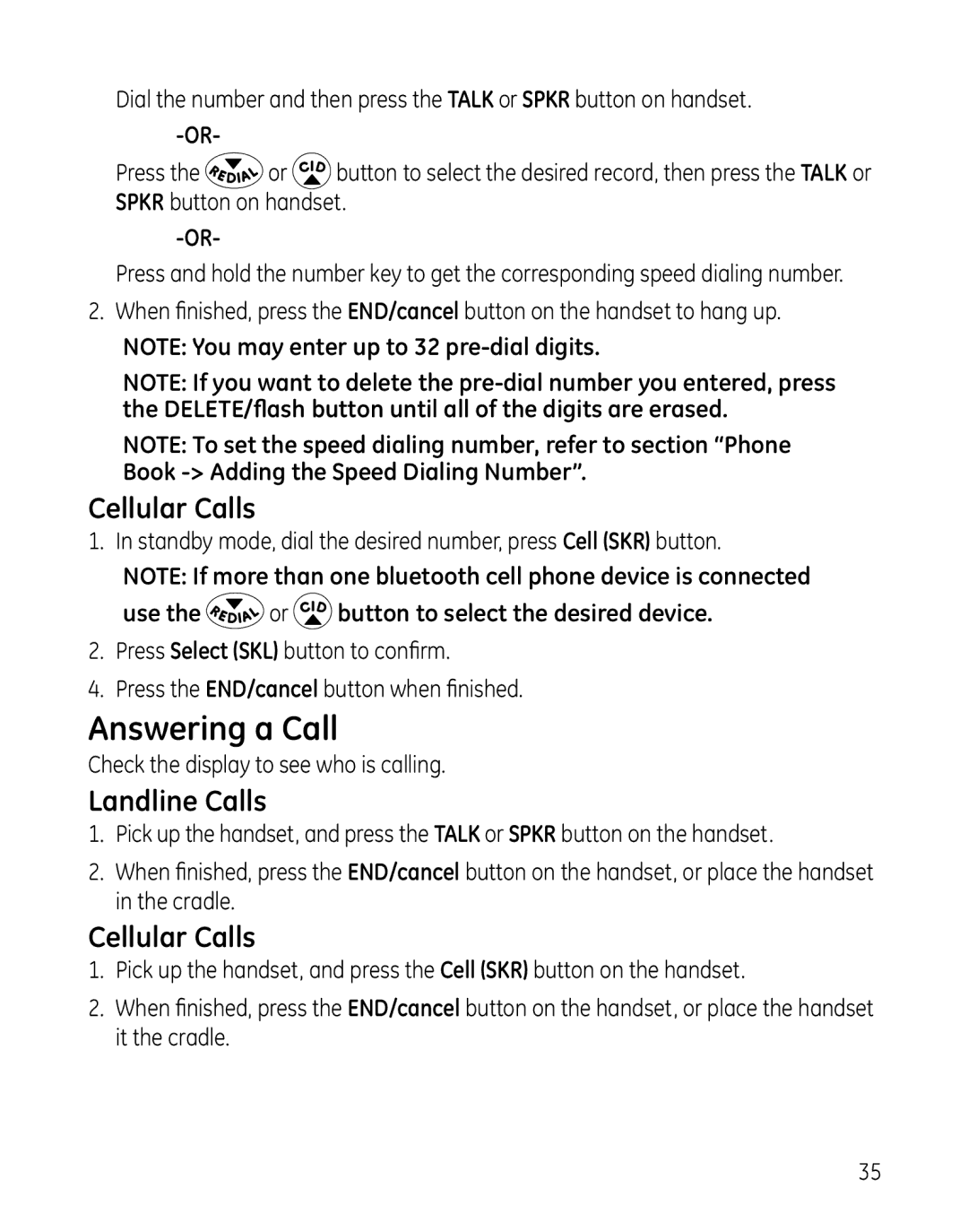 GE 28127 manual Answering a Call, Cellular Calls, Use the or button to select the desired device 