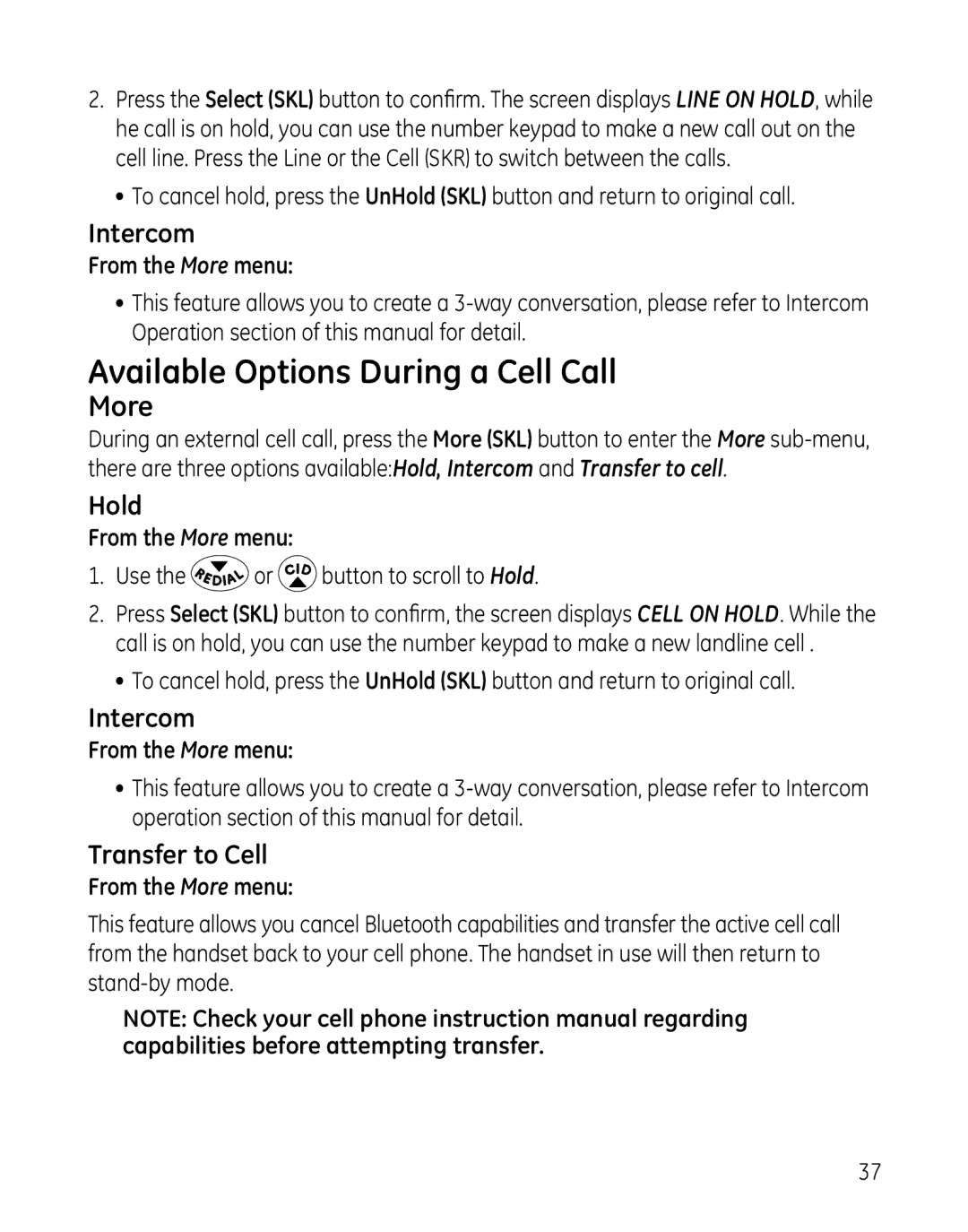 GE 28127 manual Available Options During a Cell Call, Intercom 