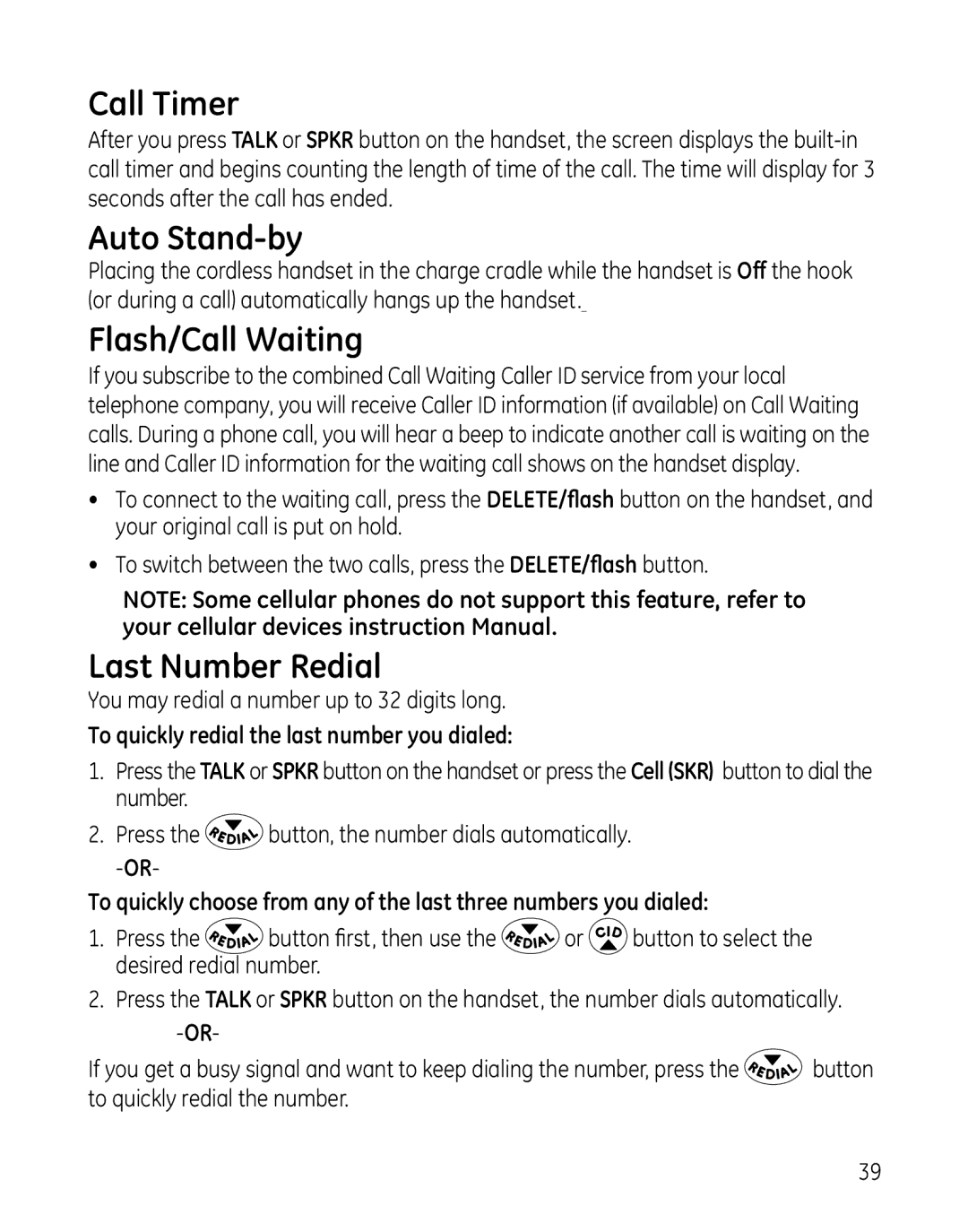 GE 28127 Call Timer, Auto Stand-by, Flash/Call Waiting, Last Number Redial, To quickly redial the last number you dialed 