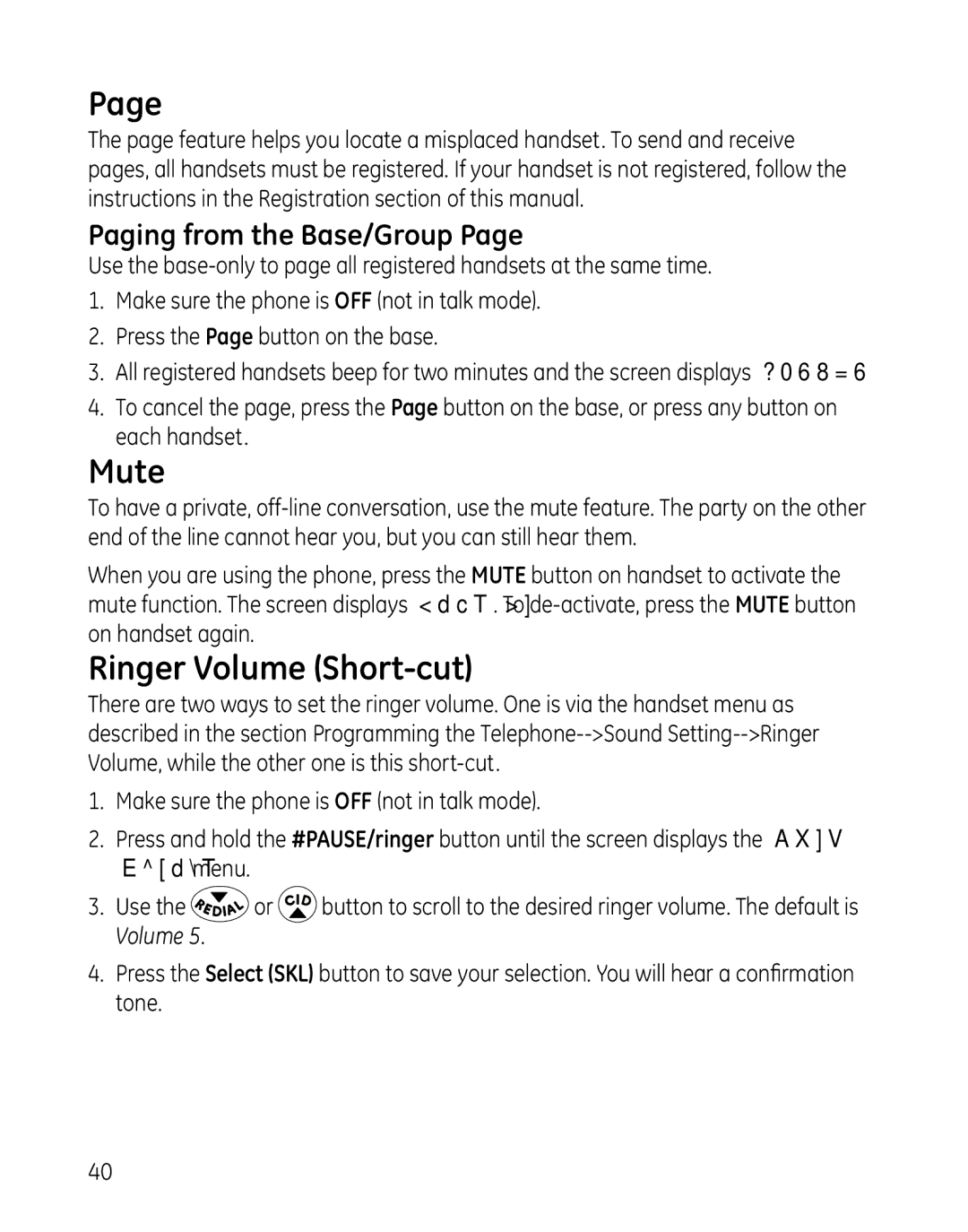 GE 28127 manual Mute, Ringer Volume Short-cut, Paging from the Base/Group 