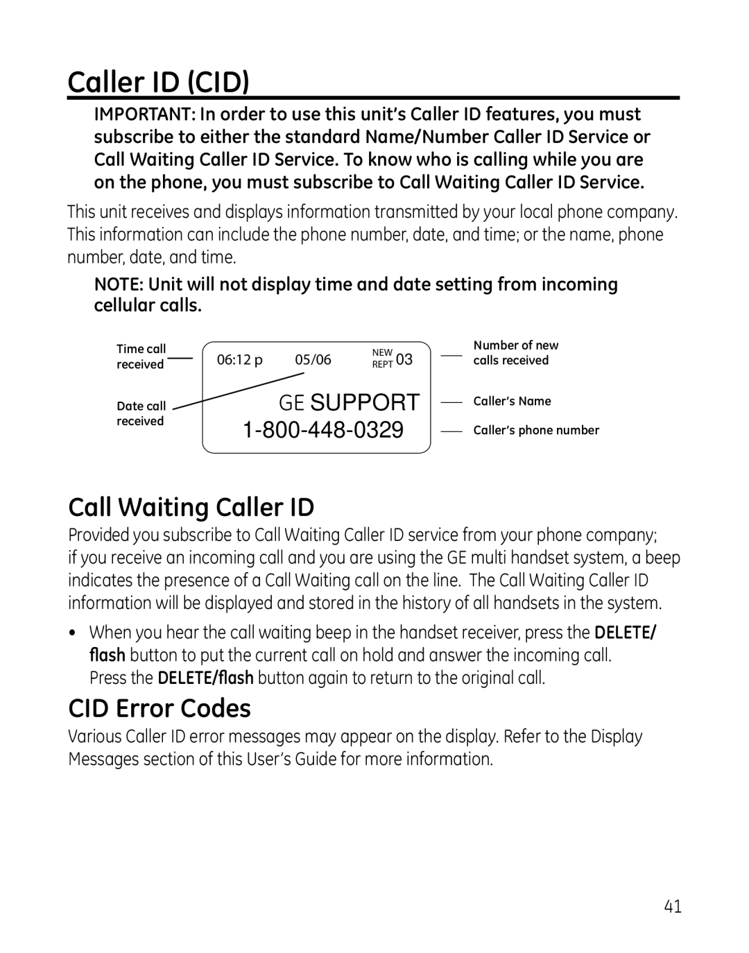 GE 28127 manual Caller ID CID, Call Waiting Caller ID, CID Error Codes 