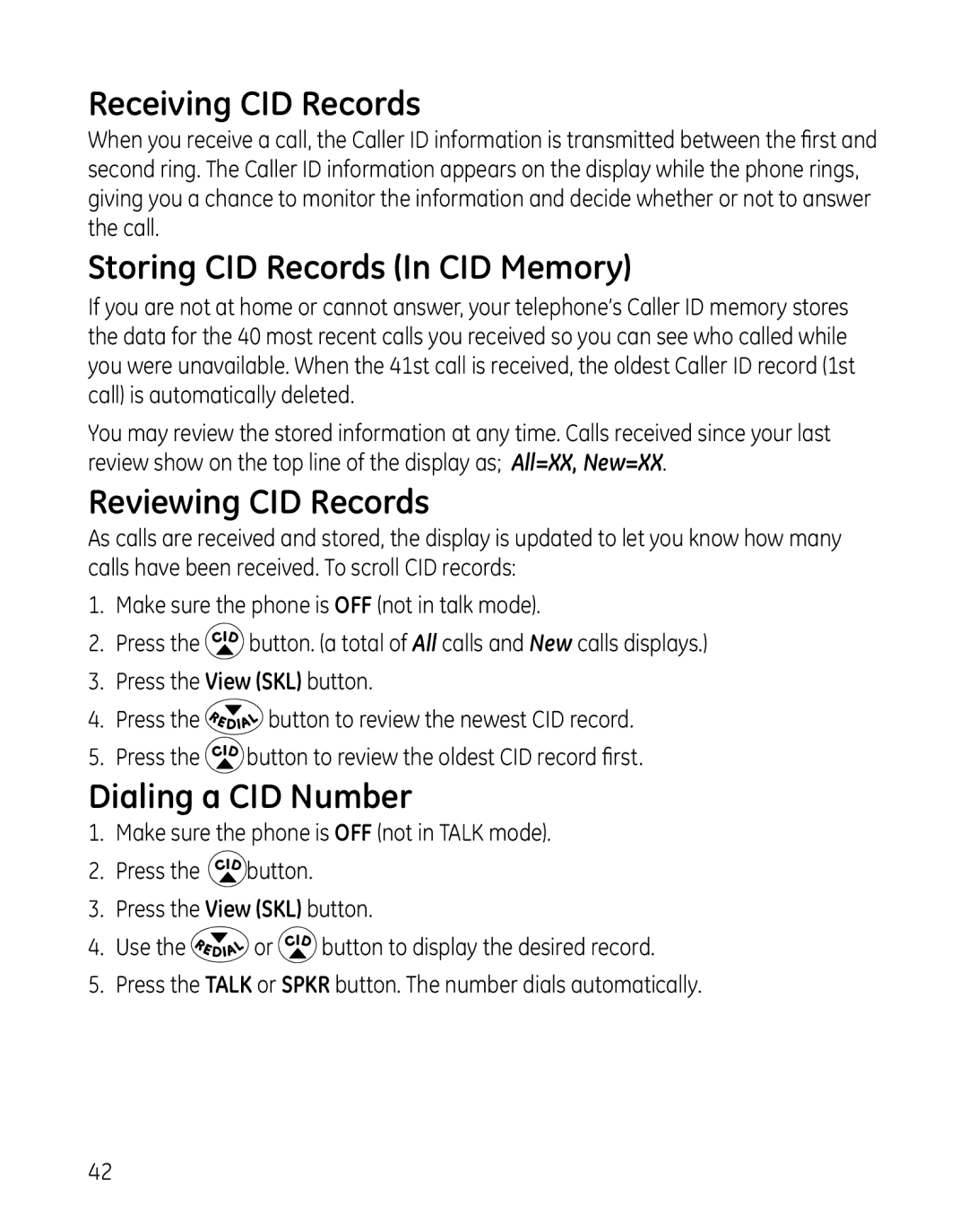 GE 28127 manual Receiving CID Records, Storing CID Records In CID Memory, Reviewing CID Records, Dialing a CID Number 