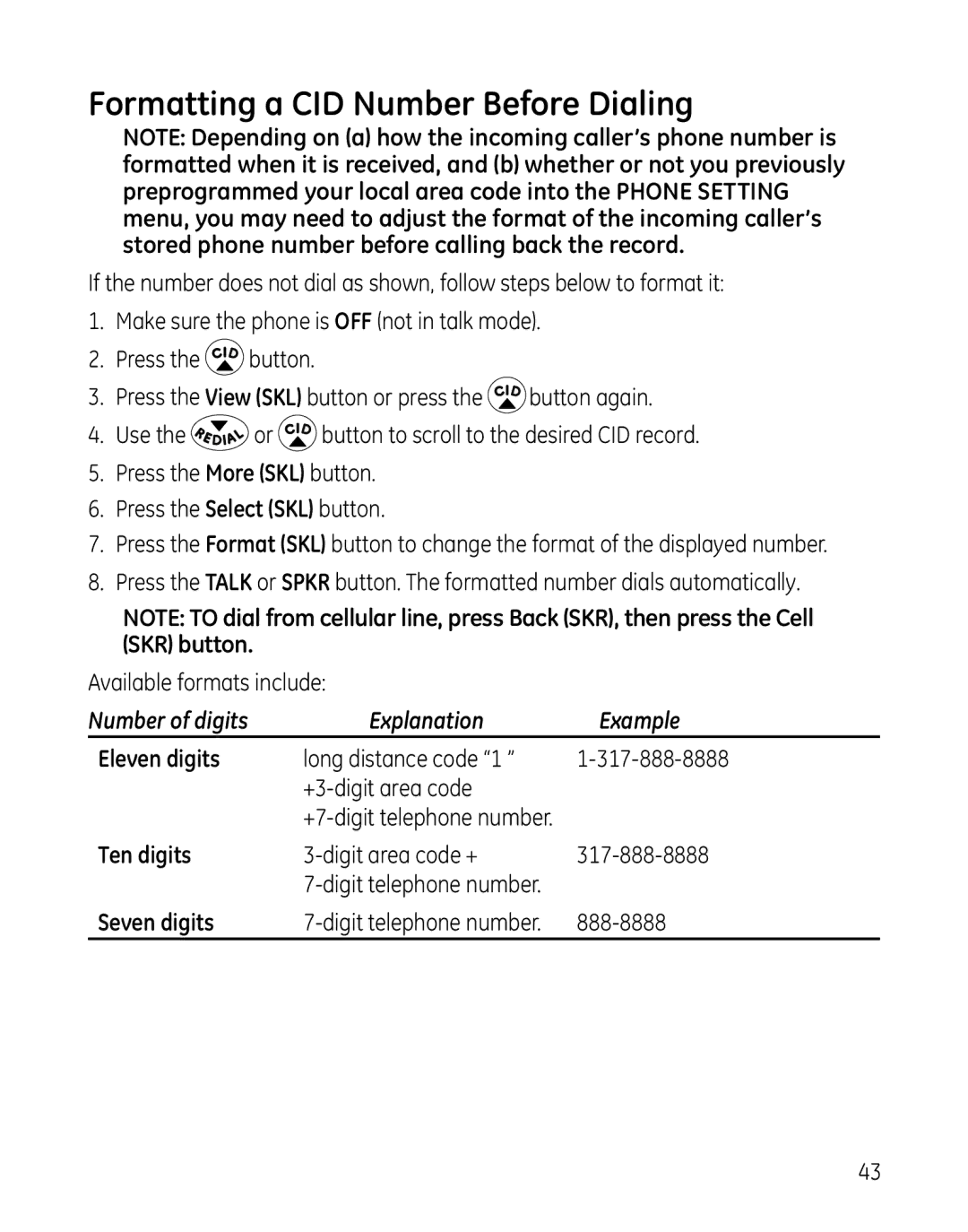 GE 28127 manual Formatting a CID Number Before Dialing, Eleven digits, Ten digits, Seven digits 