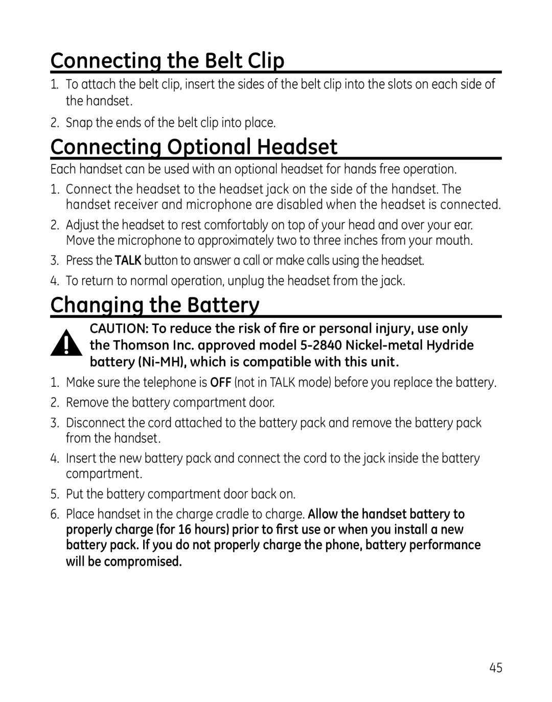 GE 28127 manual Connecting the Belt Clip, Connecting Optional Headset, Changing the Battery 