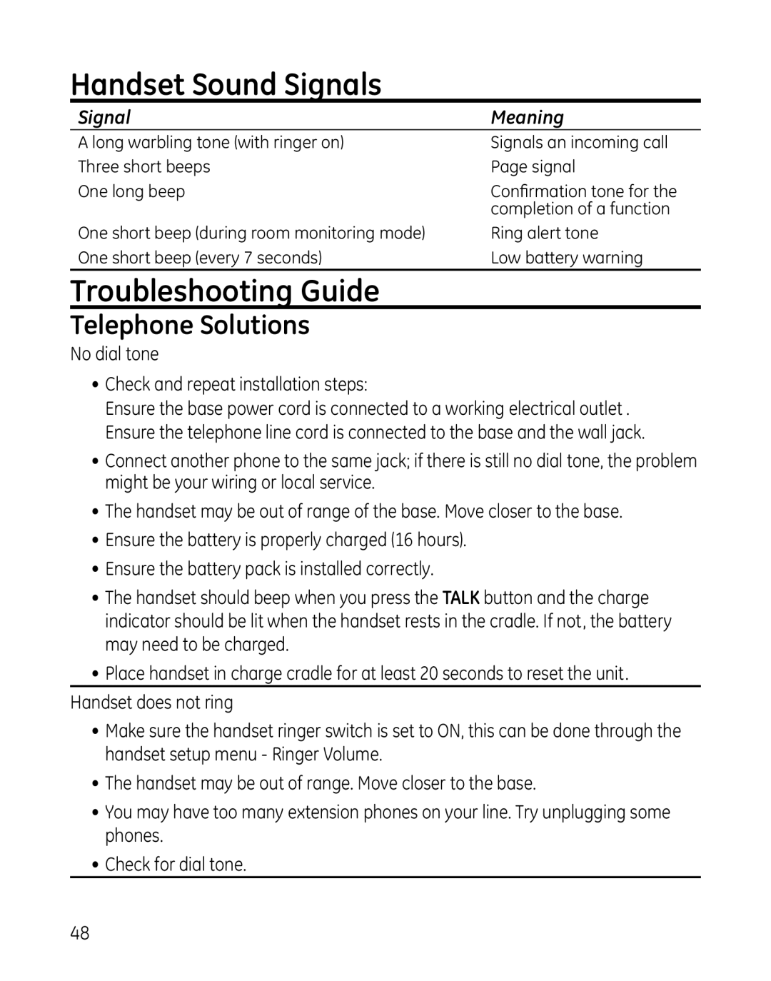 GE 28127 manual Handset Sound Signals, Troubleshooting Guide, Telephone Solutions 