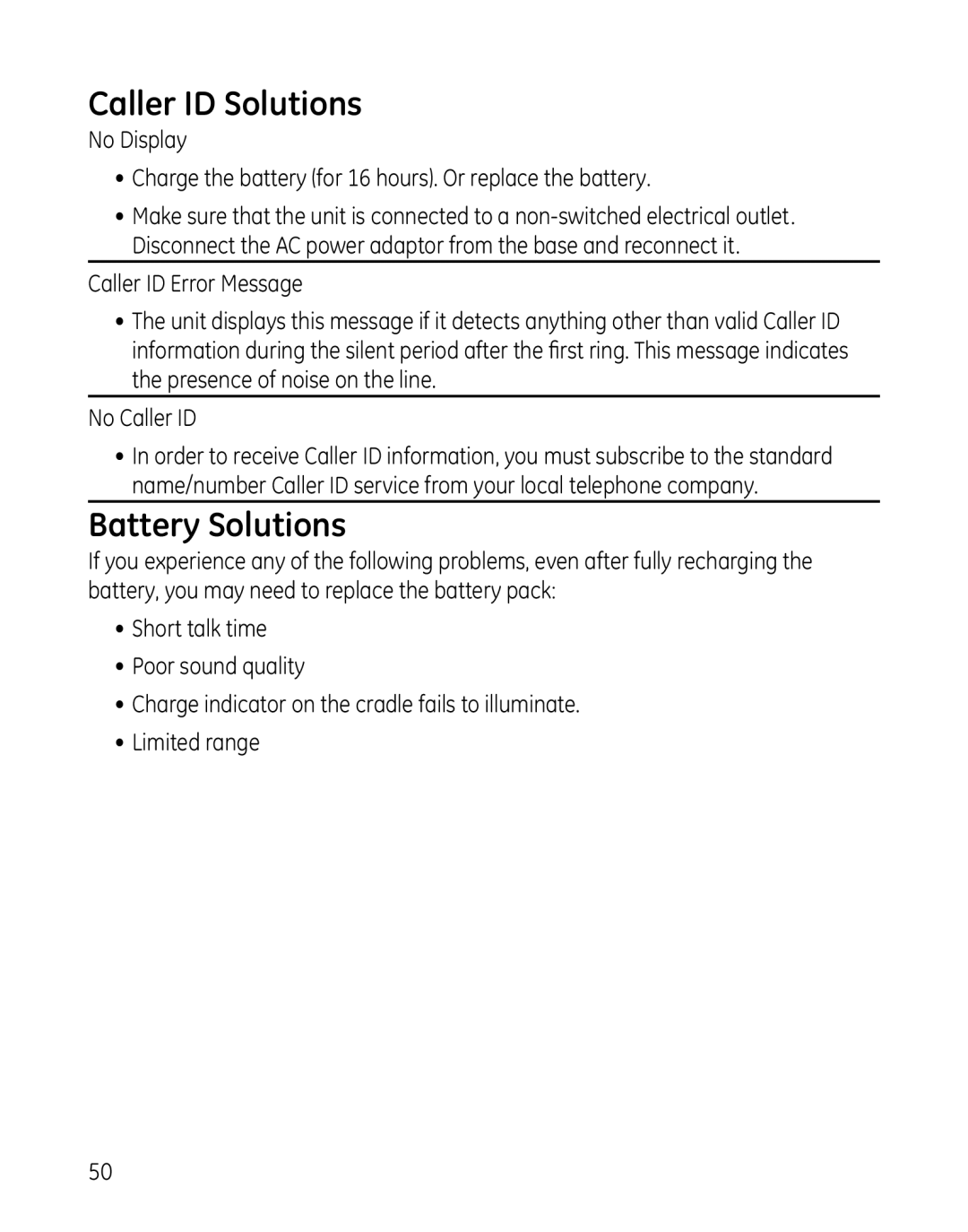 GE 28127 manual Caller ID Solutions, Battery Solutions 