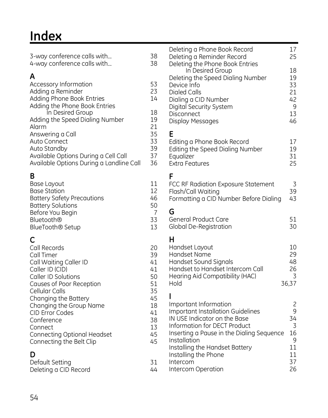 GE 28127 manual Index 