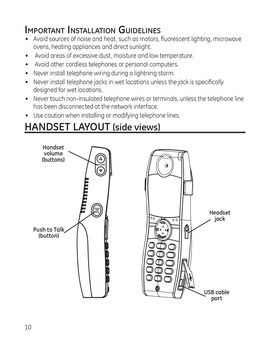 GE 28128 manual Handset Layout side views, Important Installation Guidelines 