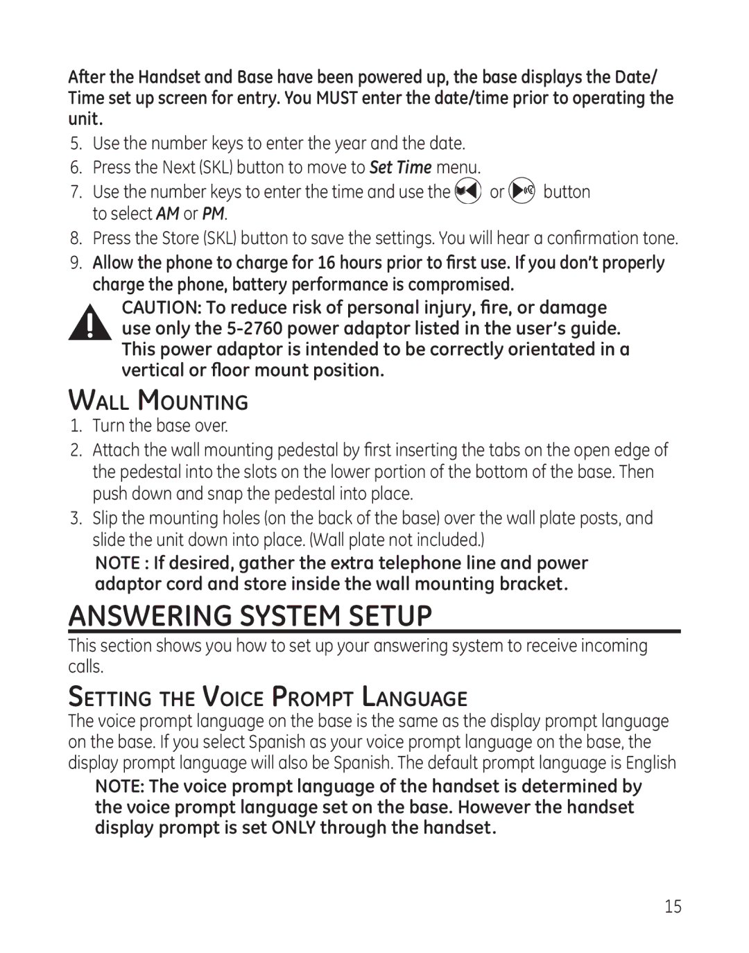 GE 28128 manual Answering System Setup, Wall Mounting, Setting the Voice Prompt Language 