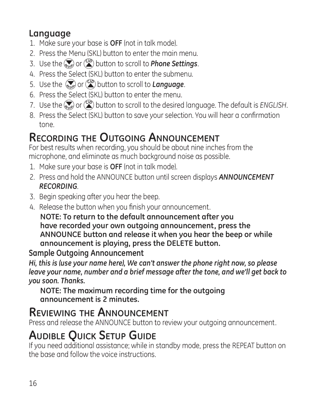 GE 28128 manual Language, Recording the Outgoing Announcement, Sample Outgoing Announcement, Reviewing the Announcement 