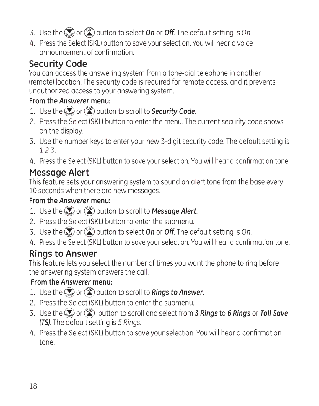 GE 28128 manual Security Code, Message Alert, Rings to Answer 