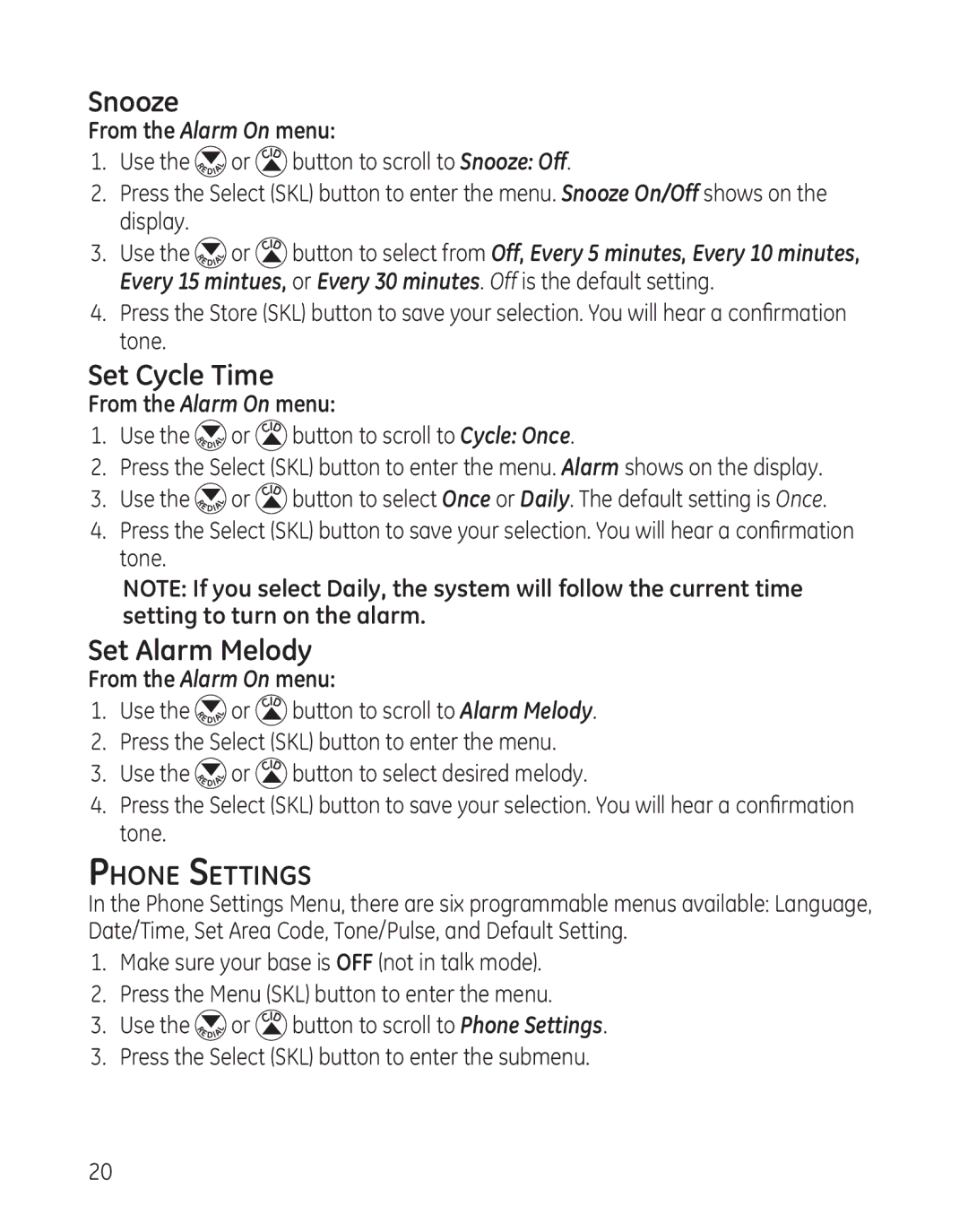 GE 28128 manual Snooze, Set Cycle Time, Set Alarm Melody, Phone Settings 