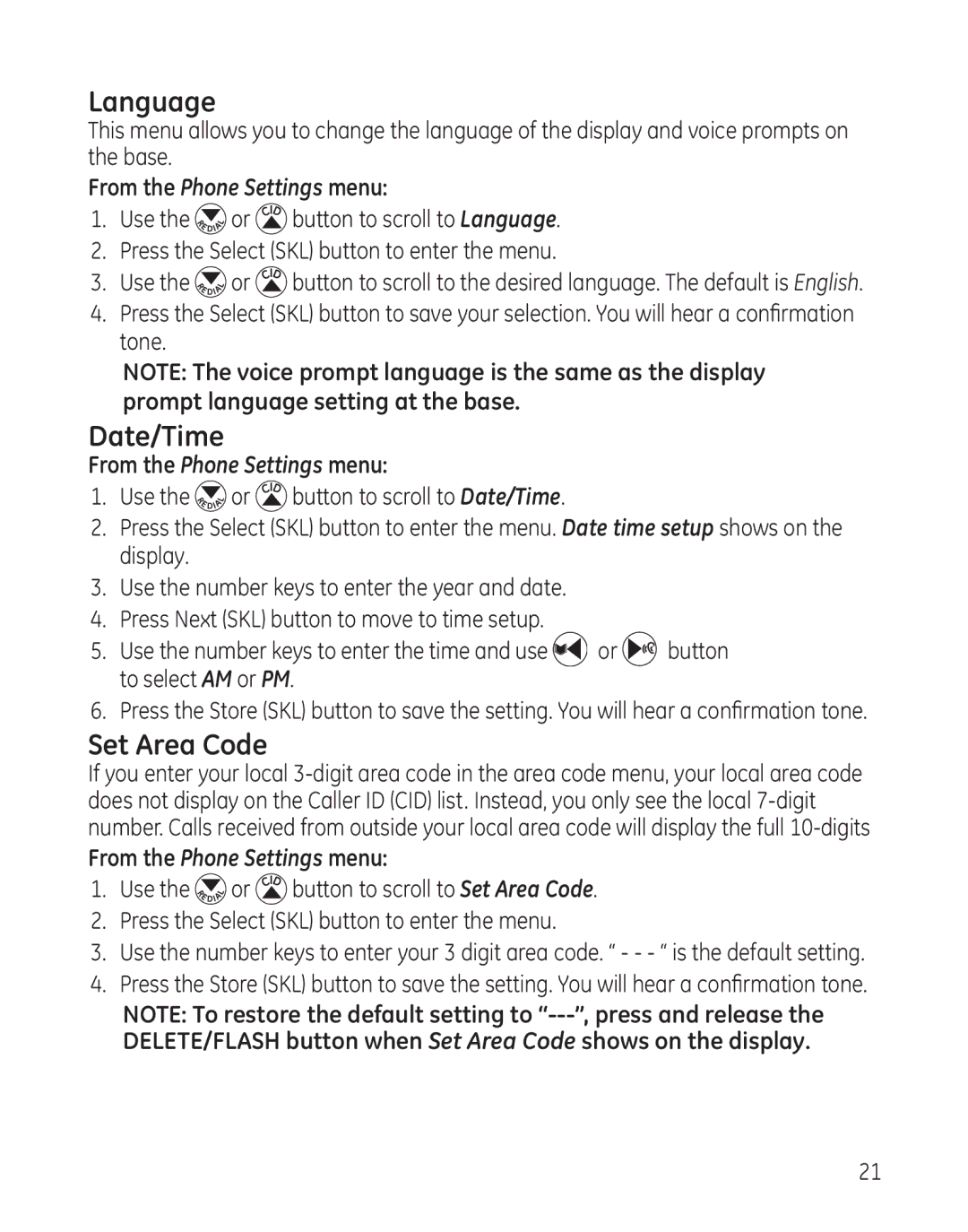 GE 28128 manual Date/Time, Set Area Code, From the Phone Settings menu 