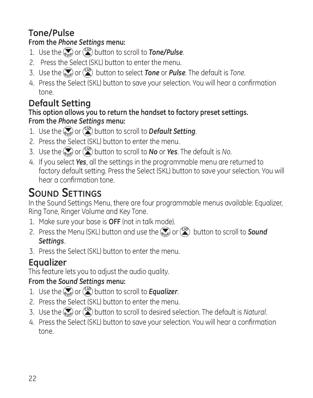 GE 28128 manual Tone/Pulse, Default Setting, Equalizer, From the Sound Settings menu 