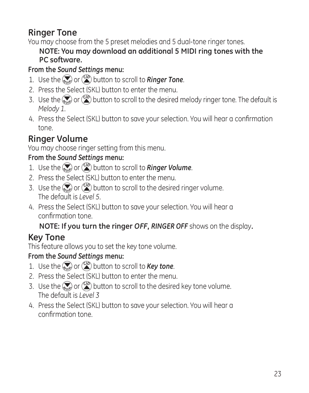 GE 28128 manual Ringer Tone, Ringer Volume, Key Tone 