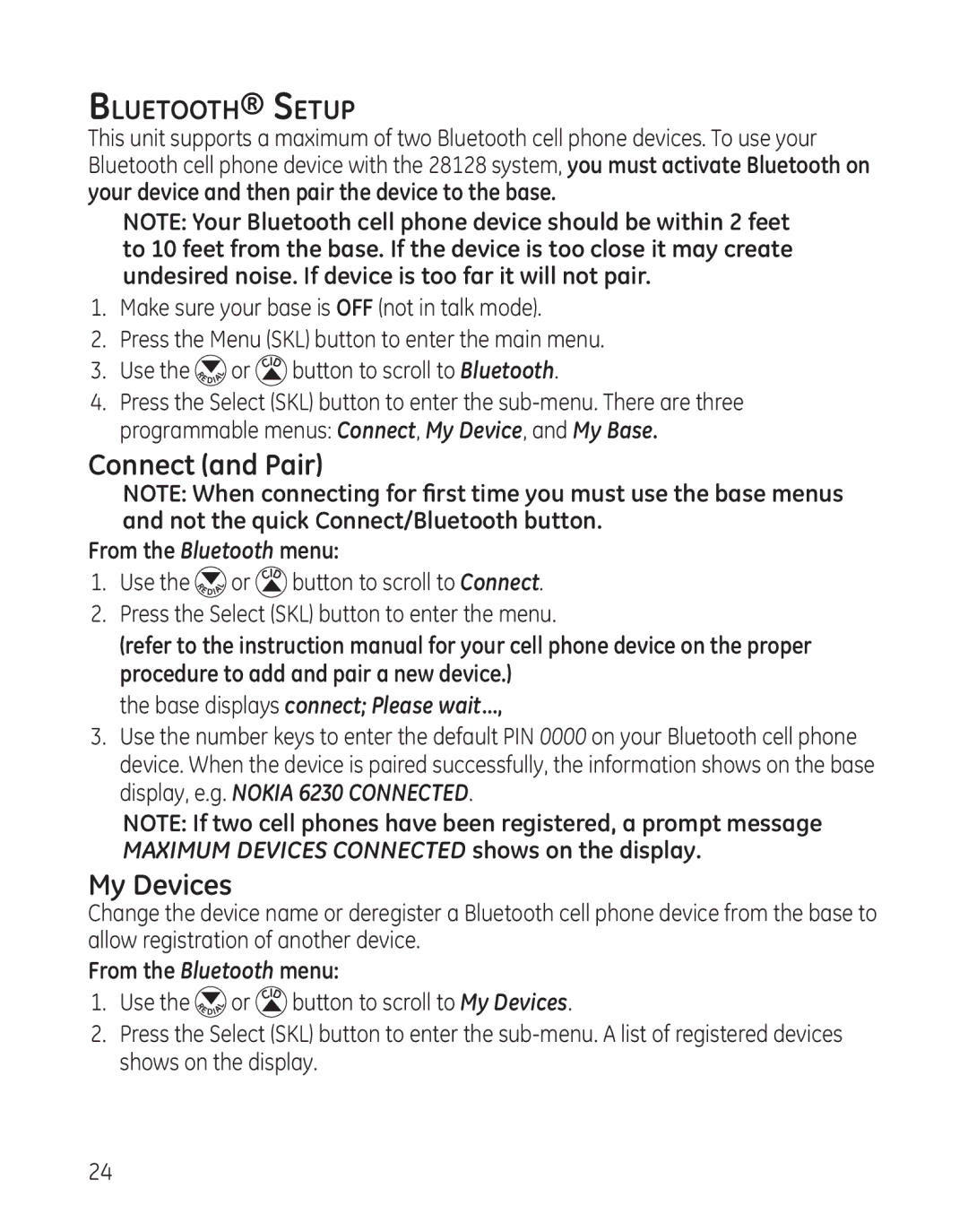 GE 28128 manual Connect and Pair, My Devices, Bluetooth Setup, From the Bluetooth menu, Base displays connect Please wait 