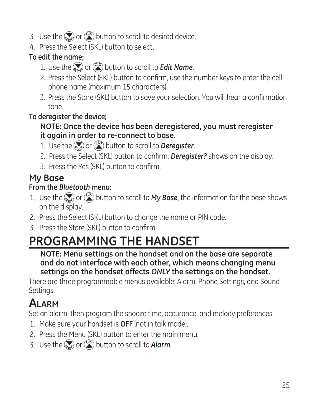 GE 28128 manual Programming the Handset, My Base, To edit the name, To deregister the device 