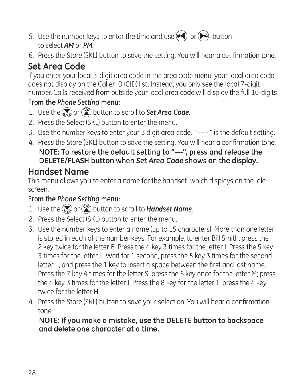 GE 28128 manual Set Area Code, Handset Name 