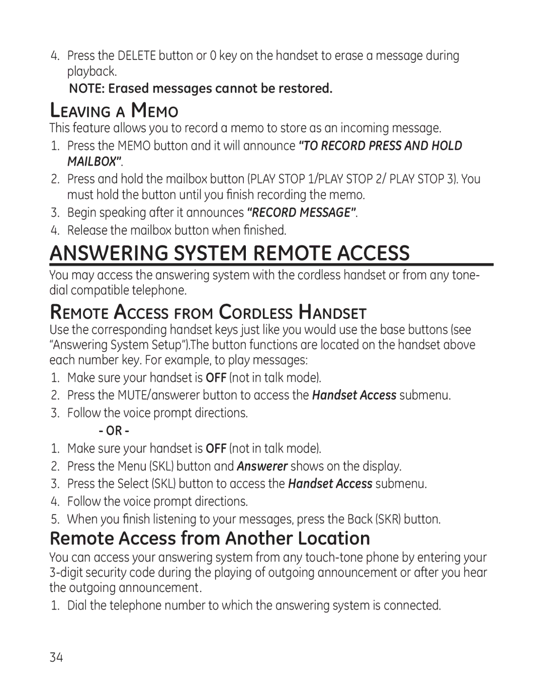 GE 28128 manual Answering System Remote Access, Leaving a Memo, Remote Access from Cordless Handset 