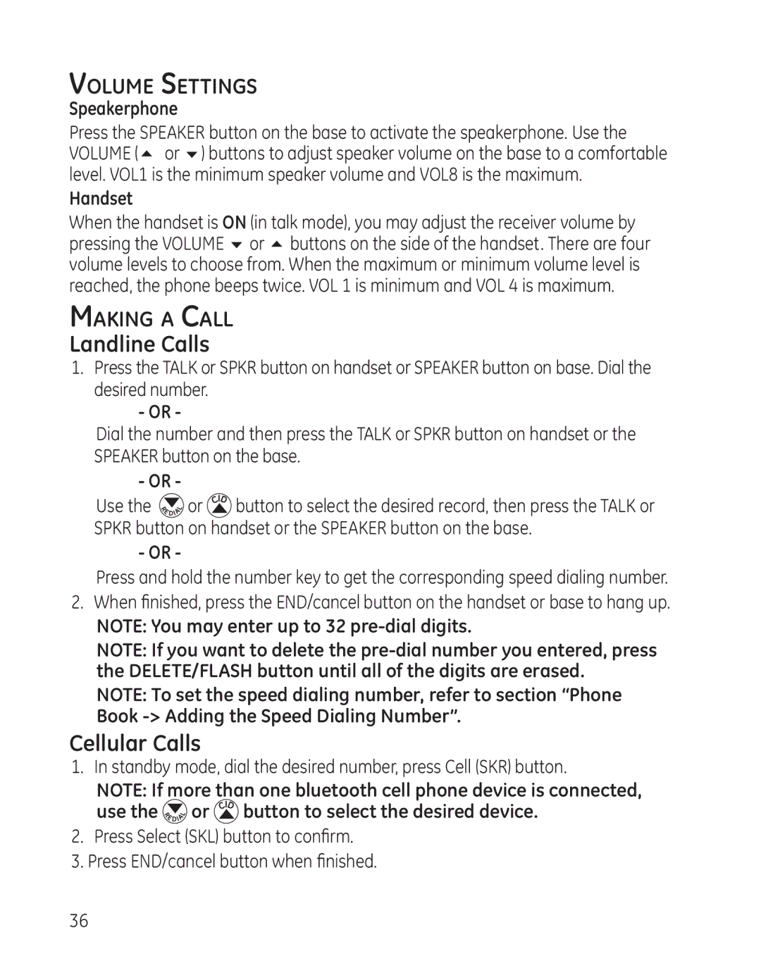 GE 28128 manual Landline Calls, Cellular Calls, Volume Settings, Making a Call 