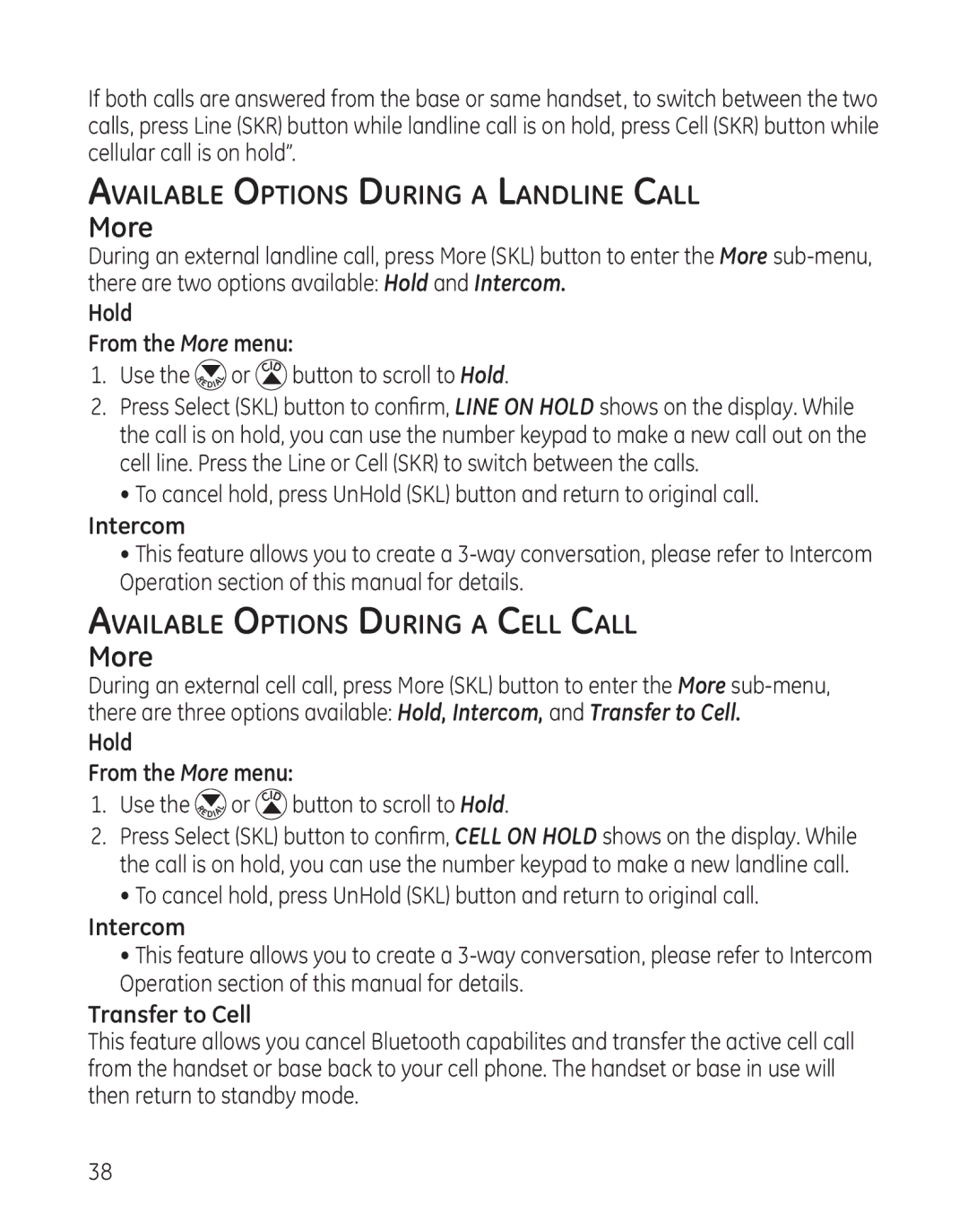 GE 28128 manual More, Available Options During a Landline Call, Available Options During a Cell Call 