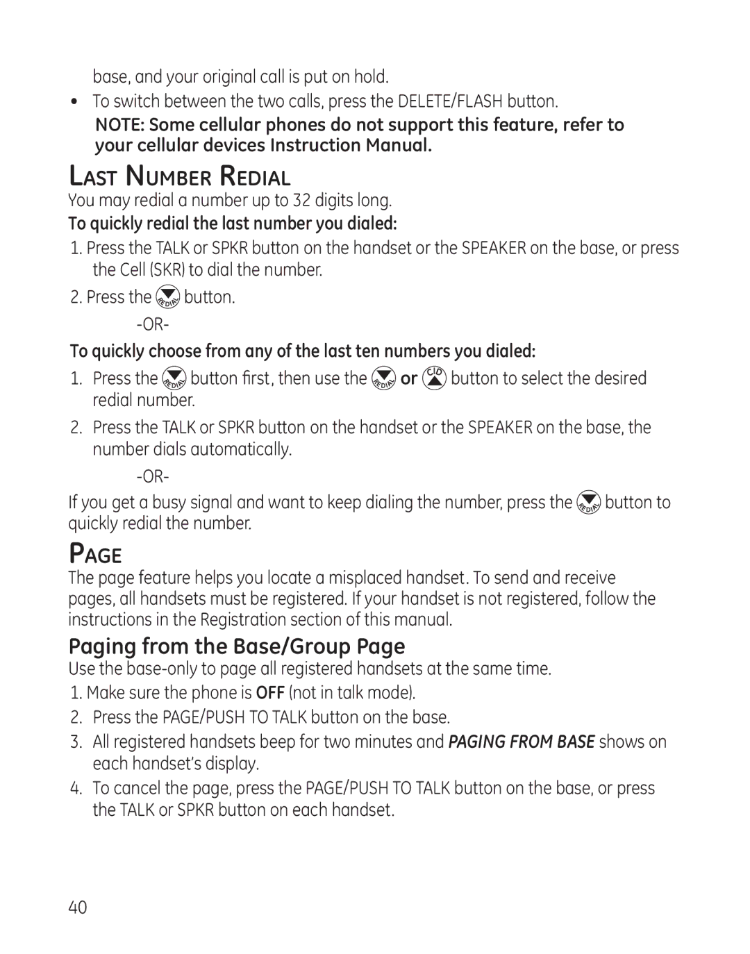 GE 28128 manual Paging from the Base/Group, Last Number Redial, To quickly redial the last number you dialed 