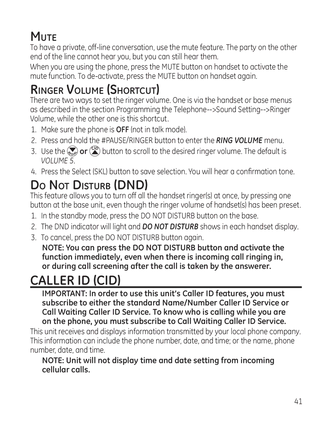 GE 28128 manual Caller ID CID, Mute, Ringer Volume Shortcut, Do Not Disturb DND 