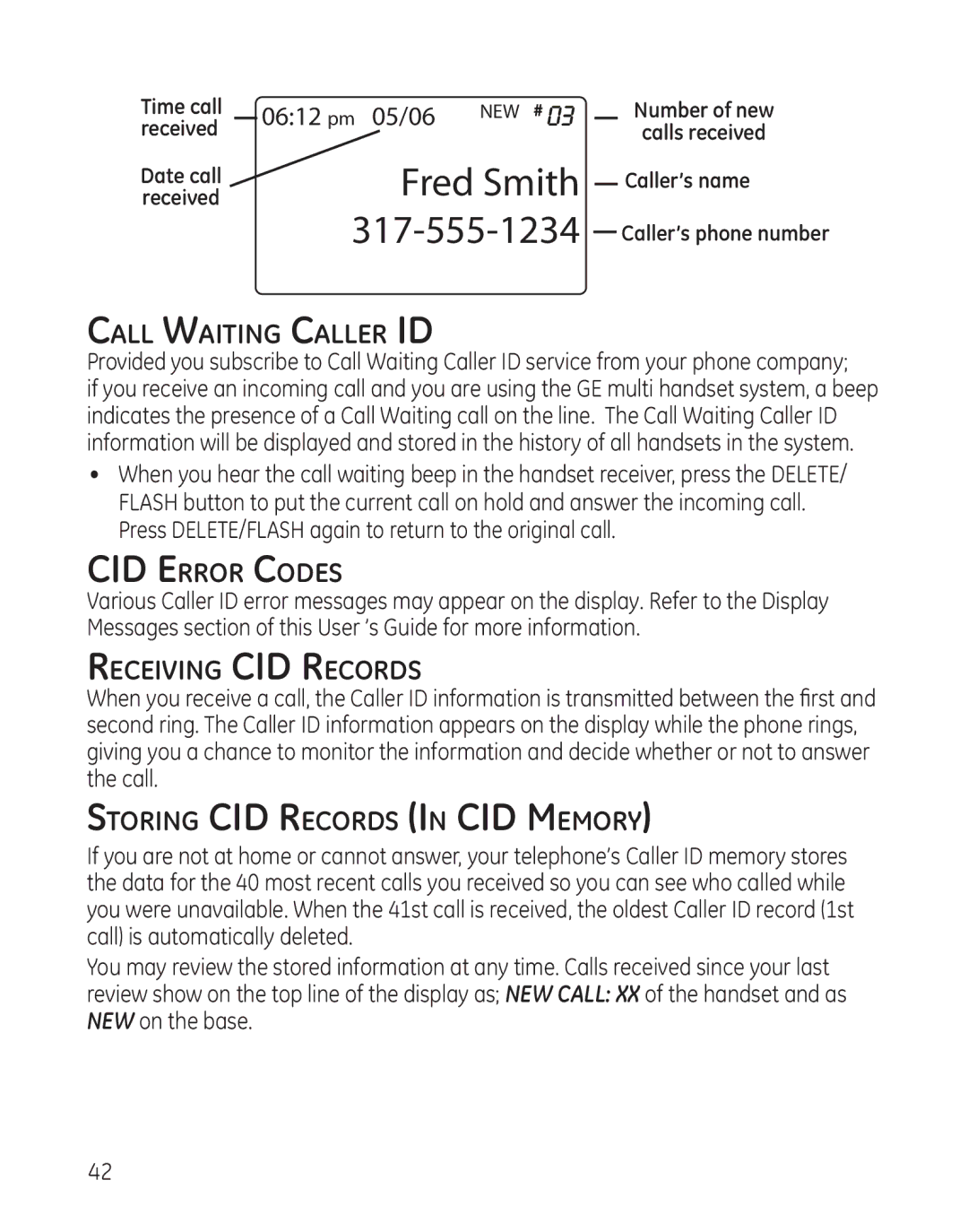 GE 28128 manual Call Waiting Caller ID, CID Error Codes, Receiving CID Records, Storing CID Records In CID Memory 