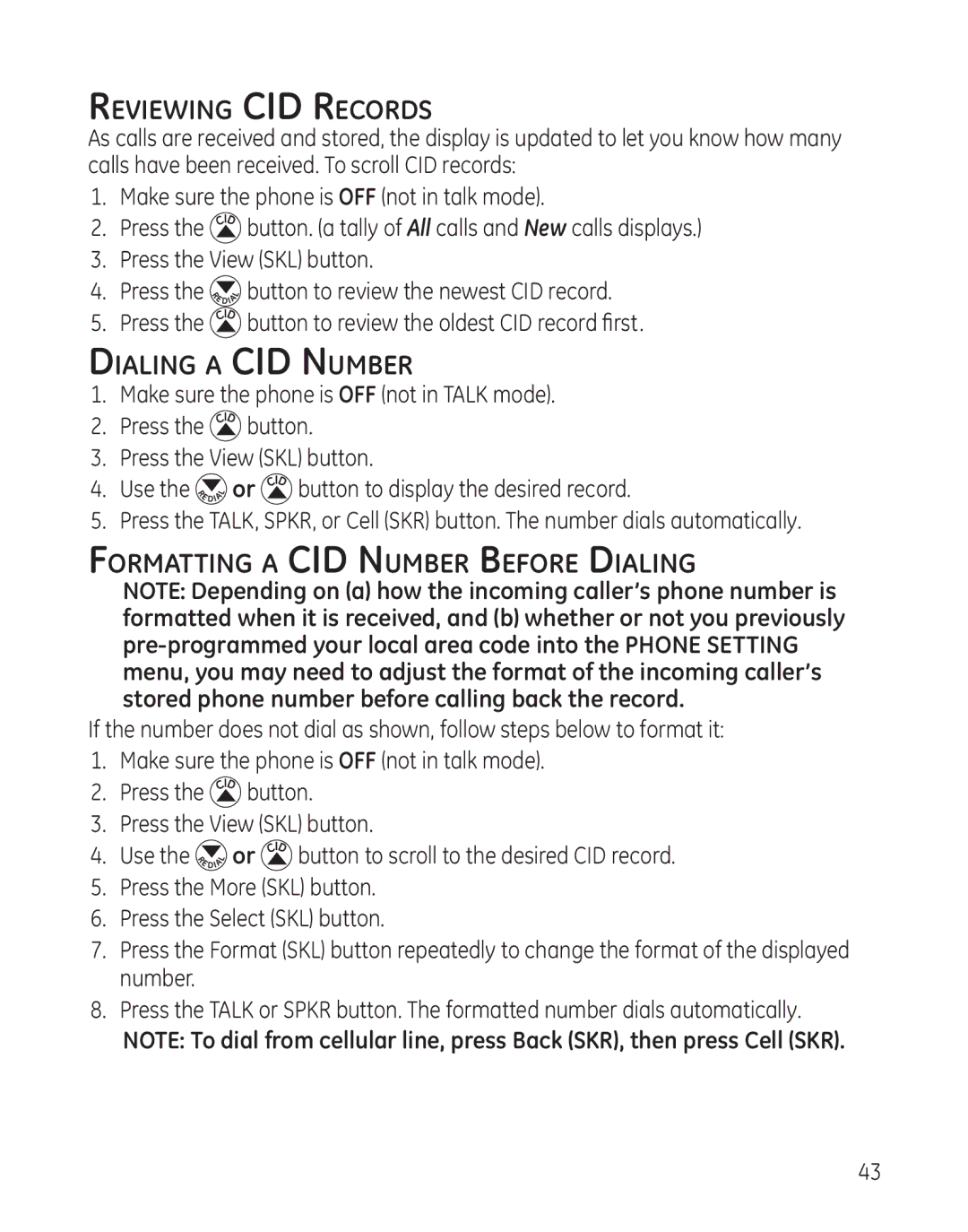 GE 28128 manual Reviewing CID Records, Dialing a CID Number, Formatting a CID Number Before Dialing 