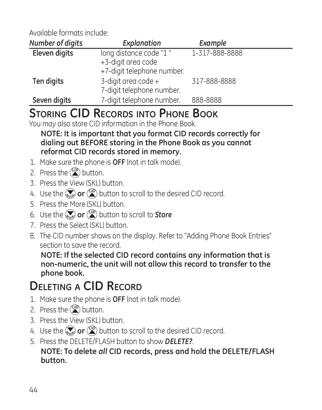 GE 28128 manual Storing CID Records into Phone Book, Deleting a CID Record, Number of digits Explanation Example 