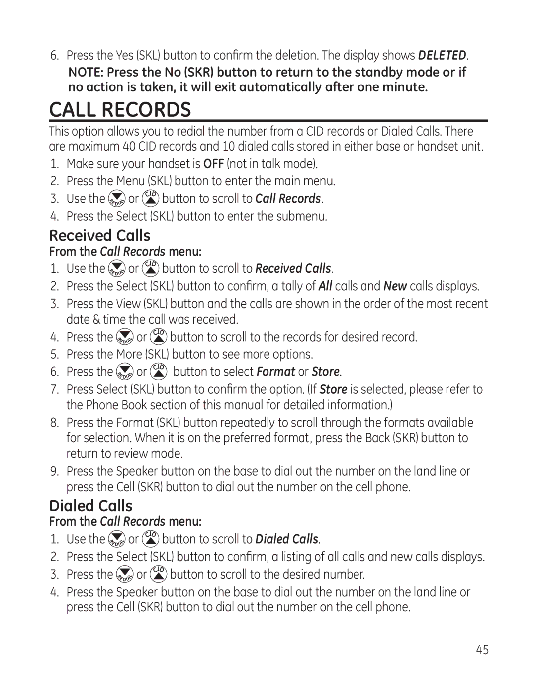 GE 28128 manual Received Calls, Dialed Calls, From the Call Records menu 