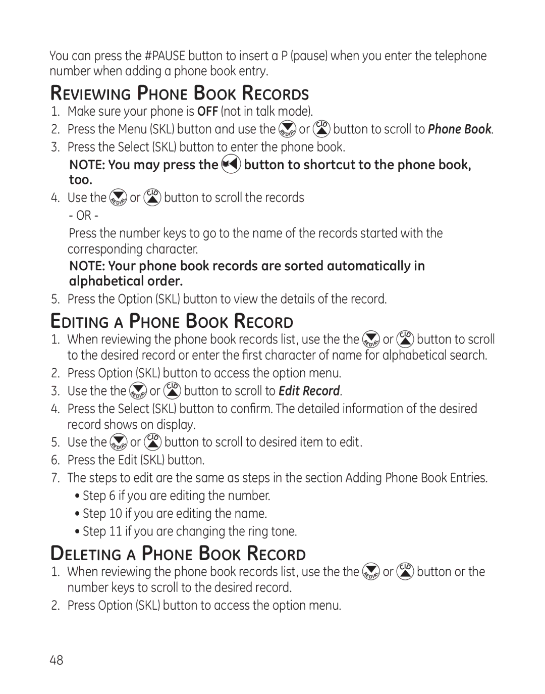 GE 28128 manual Reviewing Phone Book Records, Editing a Phone Book Record, Deleting a Phone Book Record 