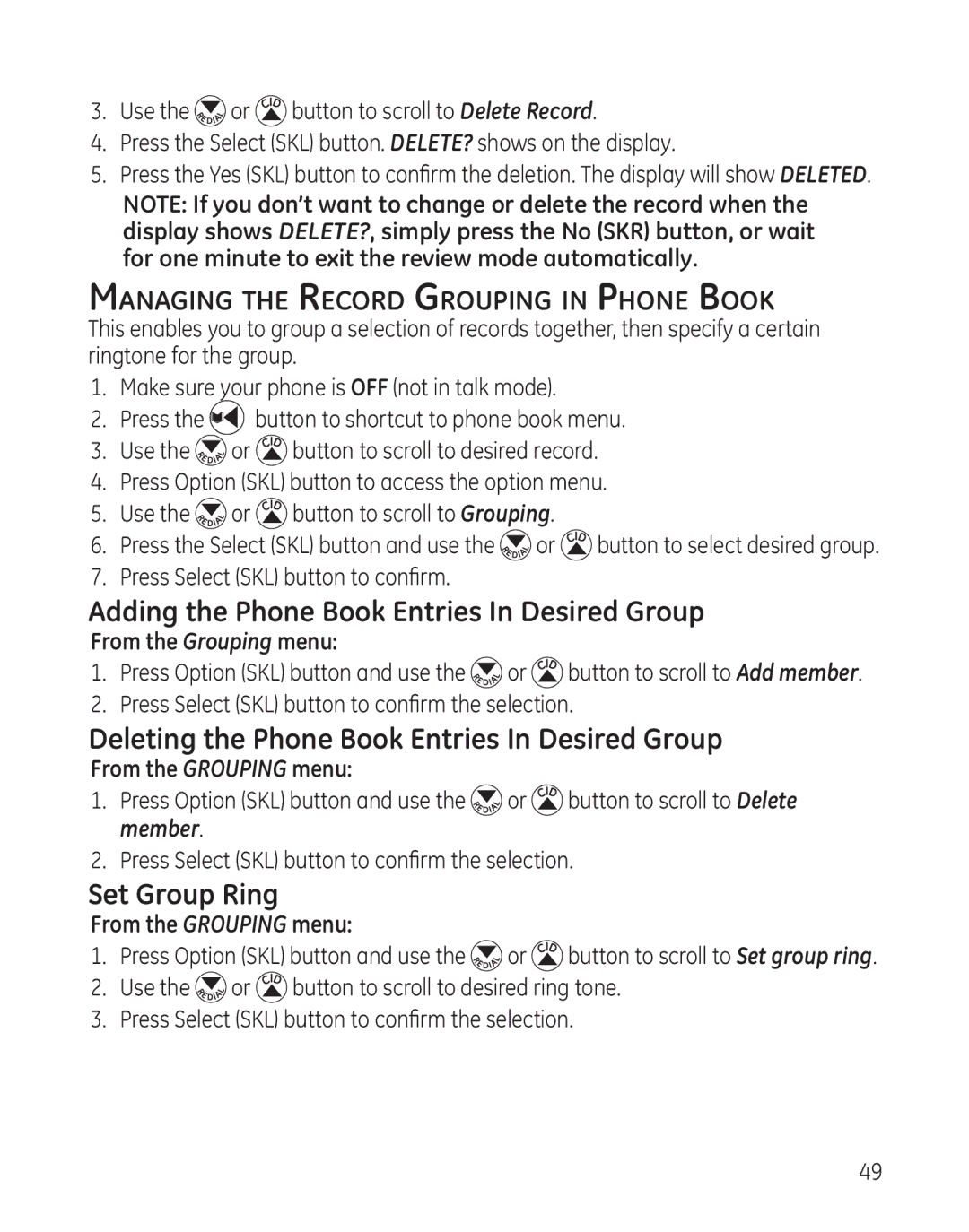 GE 28128 Adding the Phone Book Entries In Desired Group, Deleting the Phone Book Entries In Desired Group, Set Group Ring 