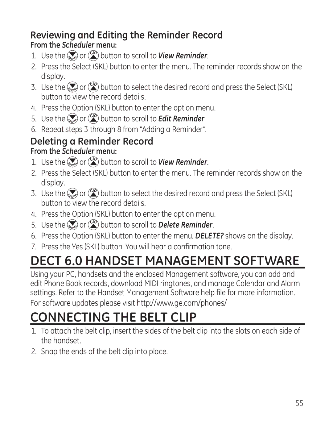 GE 28128 manual Dect 6.0 Handset Management Software, Connecting the Belt Clip, Reviewing and Editing the Reminder Record 