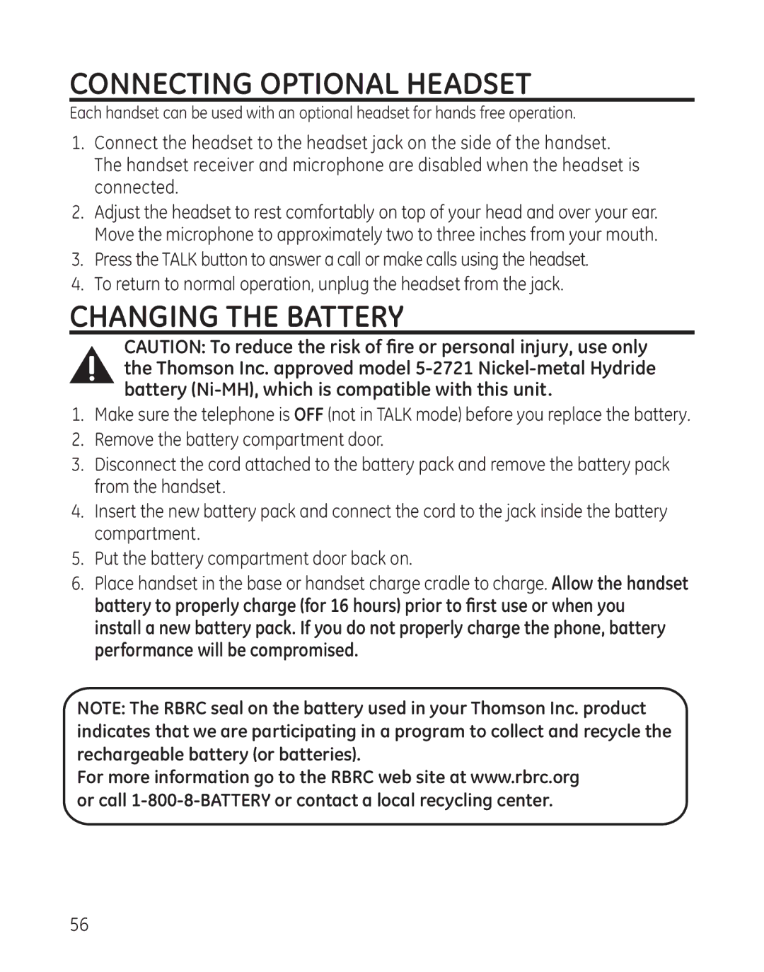 GE 28128 manual Connecting Optional Headset, Changing the Battery 